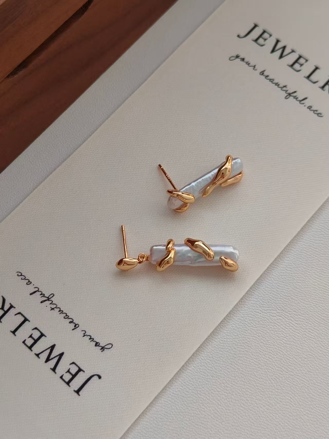 Sculptural Pearl Drop Earrings | 18K Gold Plated S925 Silver | Organic Minimalist Design