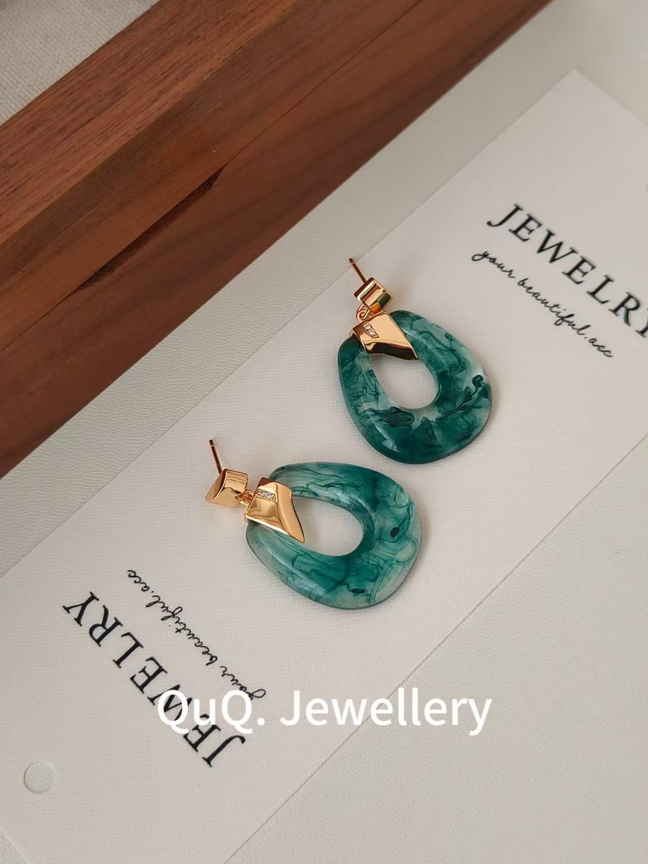 Green Marbled Resin & Pearl Drop Earrings | 18K Gold Plated S925 Hooks