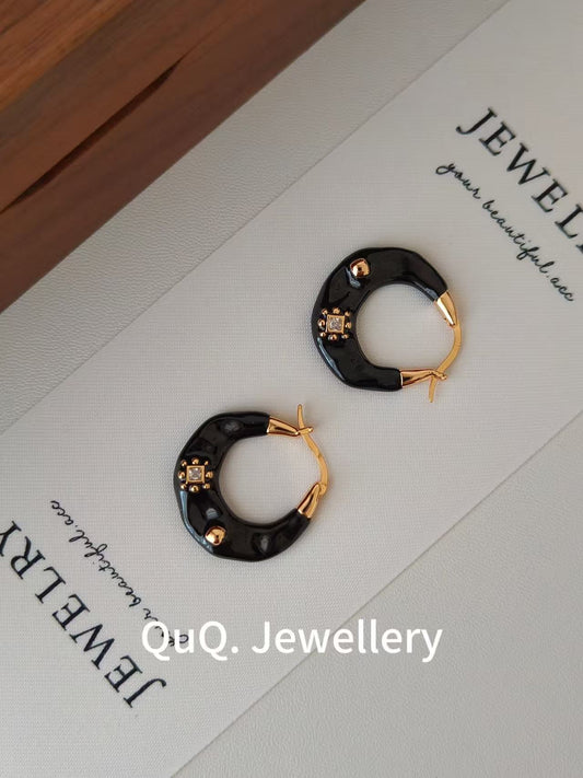 Retro Enamel Gold Hoop Earrings | 18K Gold Plated S925 with Black Glaze & Zircon