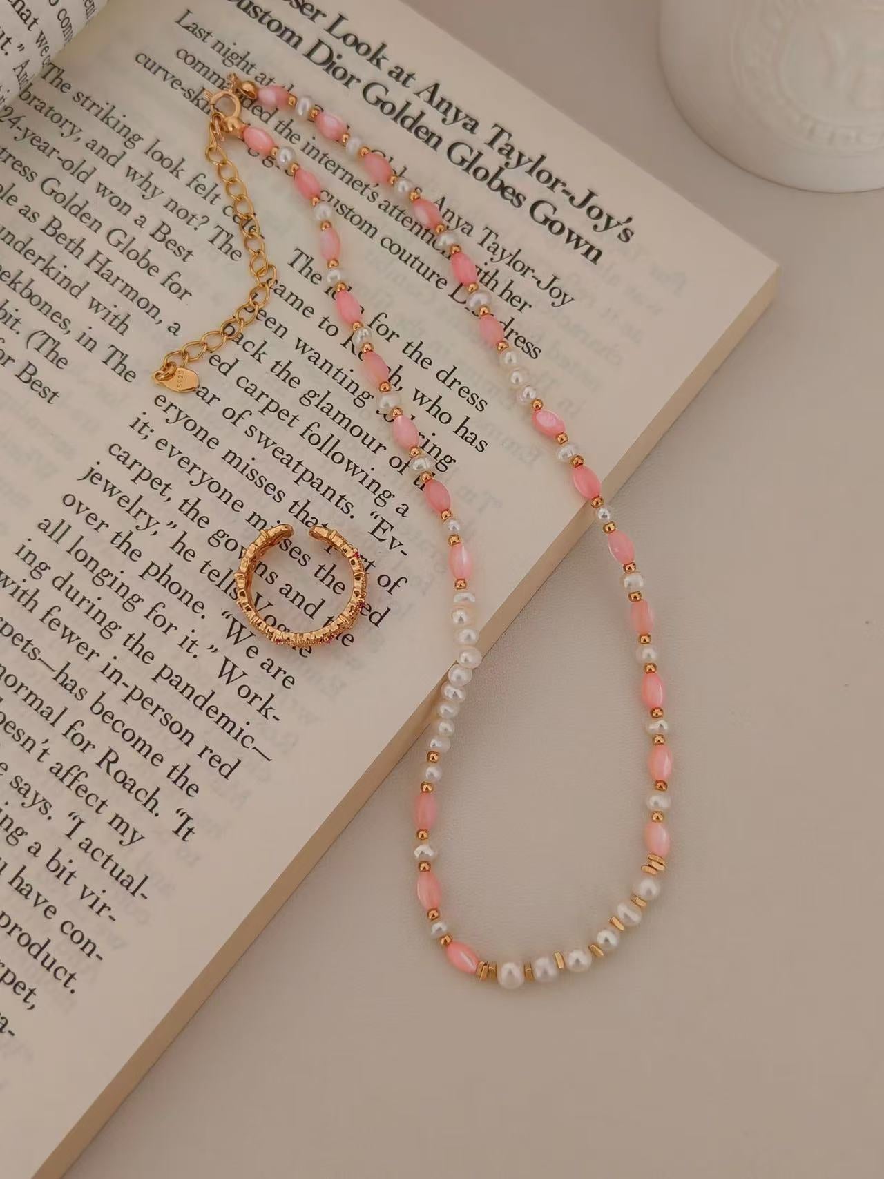 18K Gold-Plated S925 Pearl & Pink Bead Necklace | Natural Freshwater Pearls