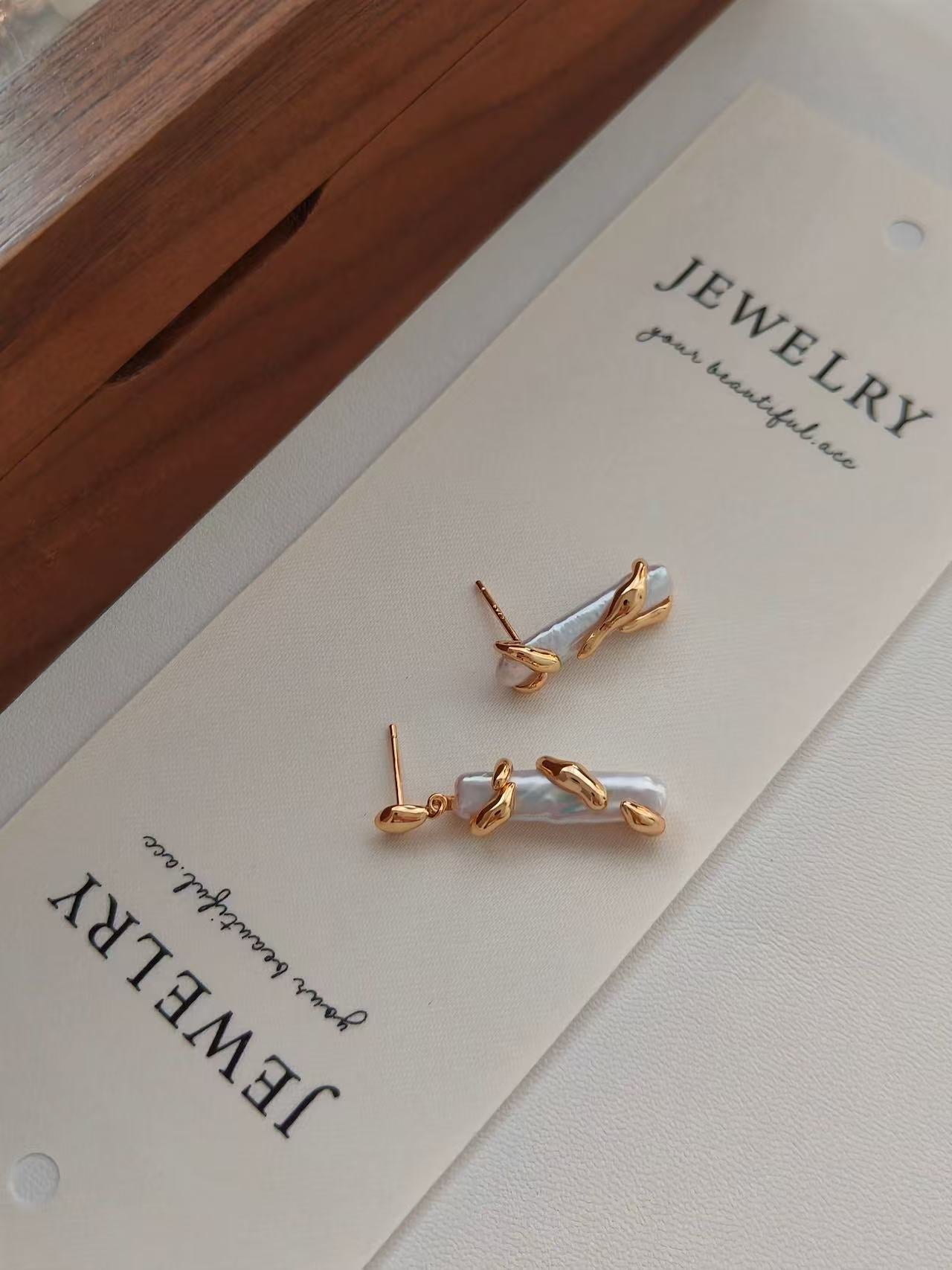 Sculptural Pearl Drop Earrings | 18K Gold Plated S925 Silver | Organic Minimalist Design