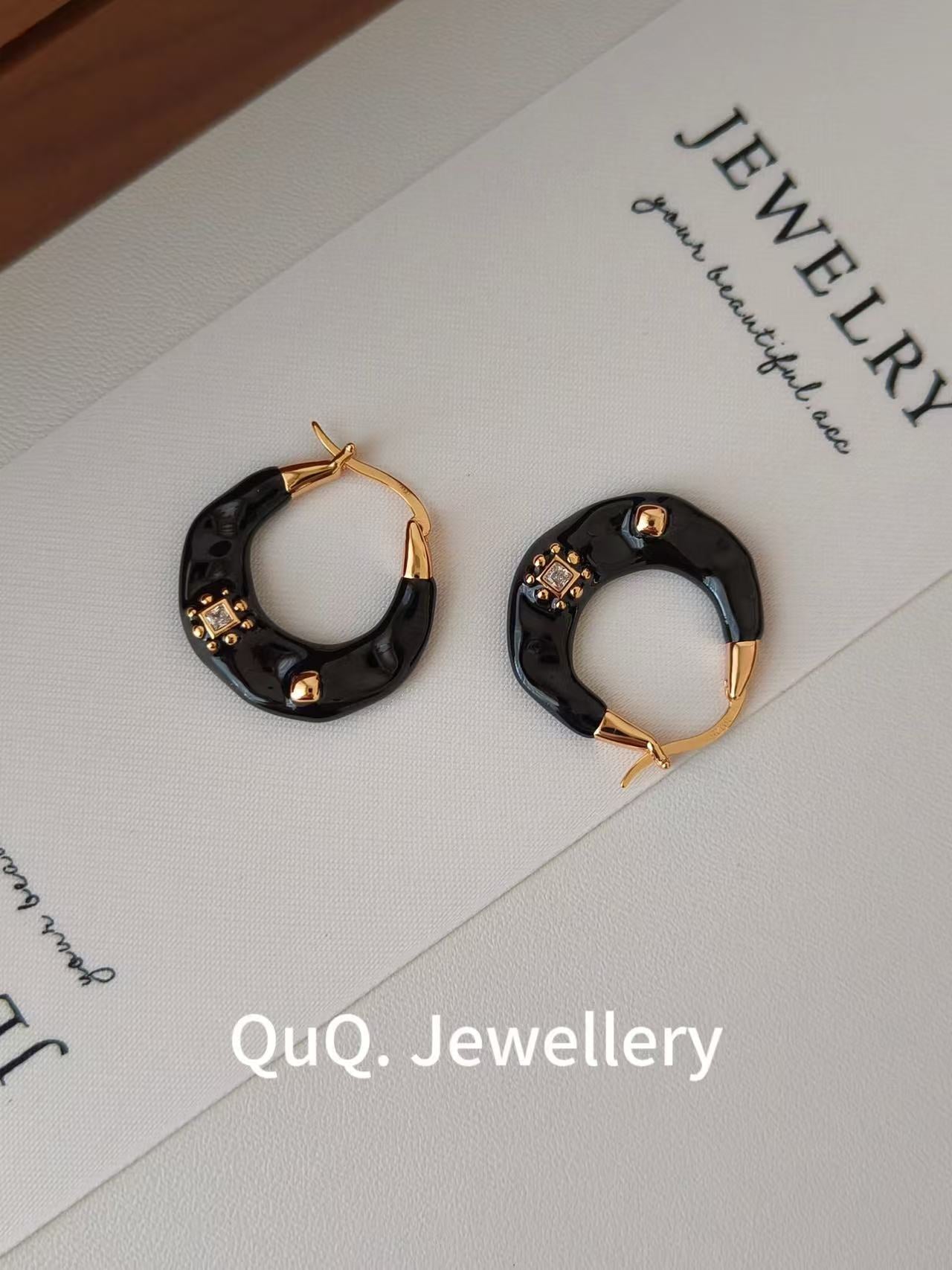 Retro Enamel Gold Hoop Earrings | 18K Gold Plated S925 with Black Glaze & Zircon