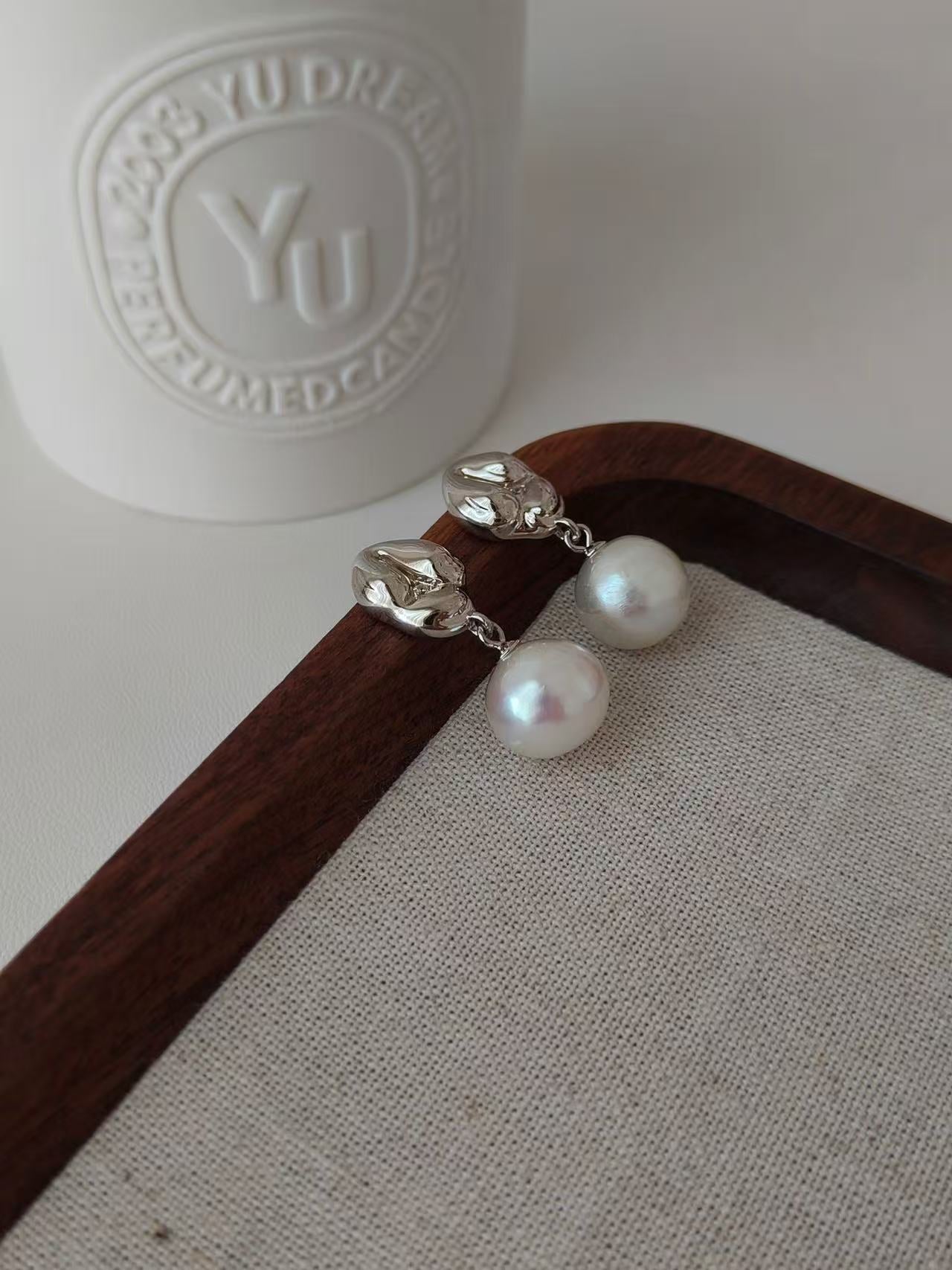 White Gold Sculptural Pearl Drop Earrings