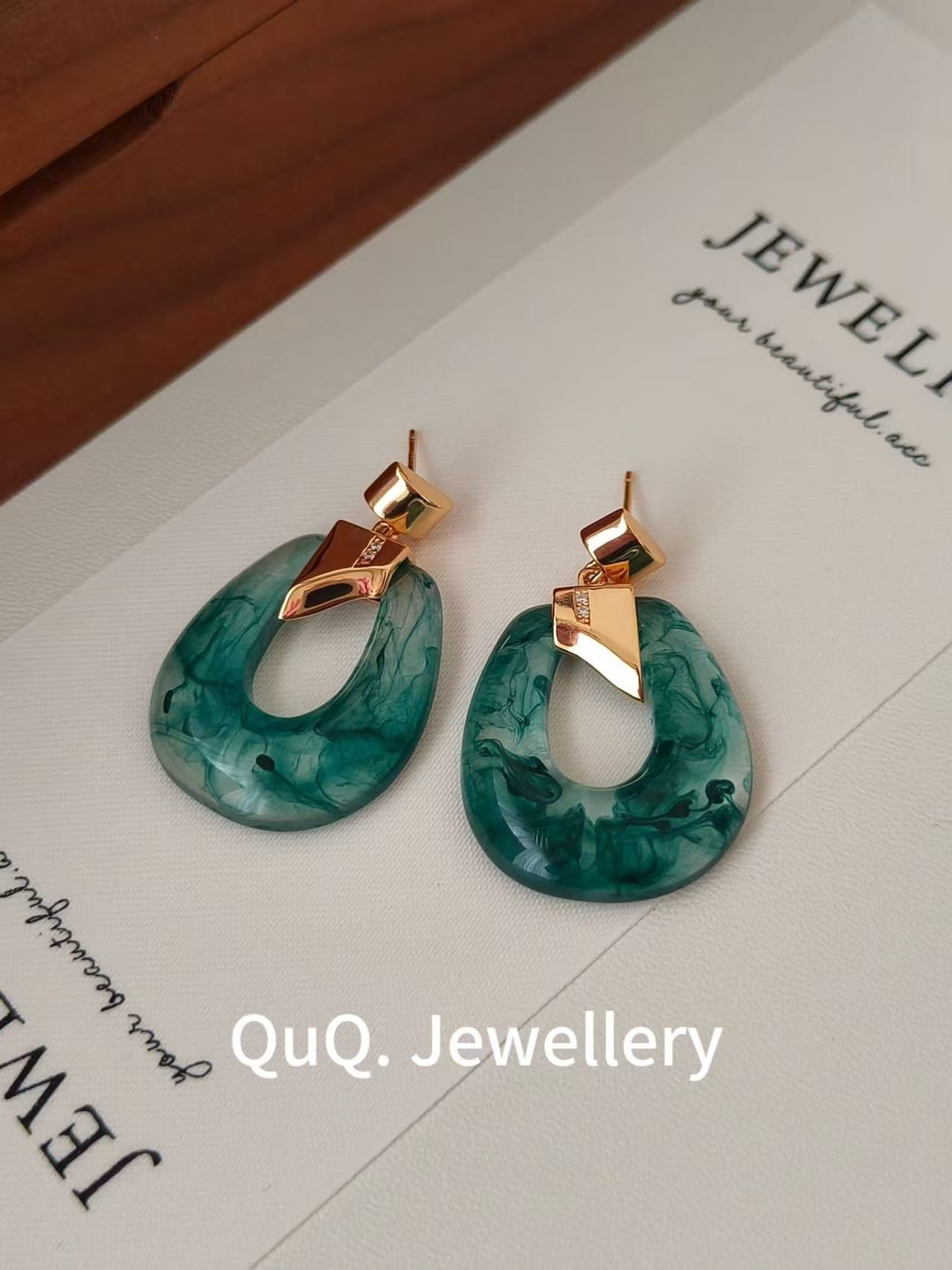 Green Marbled Resin & Pearl Drop Earrings | 18K Gold Plated S925 Hooks