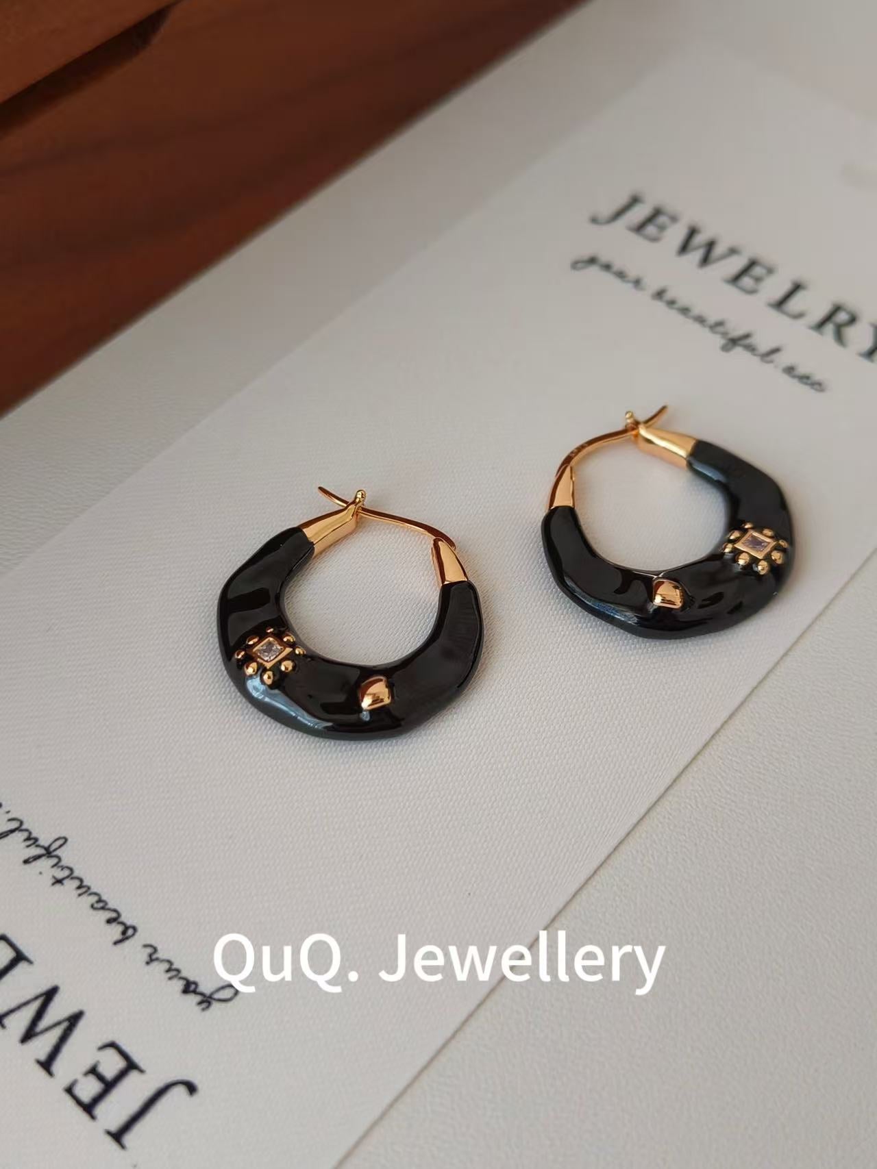 Retro Enamel Gold Hoop Earrings | 18K Gold Plated S925 with Black Glaze & Zircon