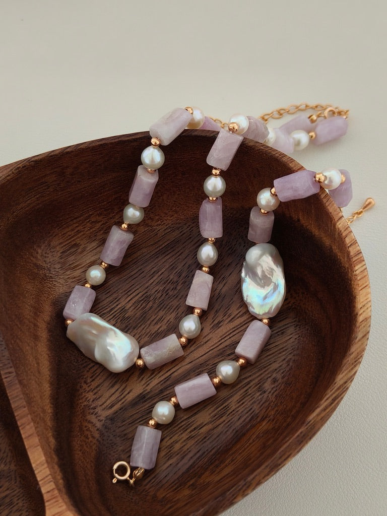 Kunzite & Baroque Pearl Necklace