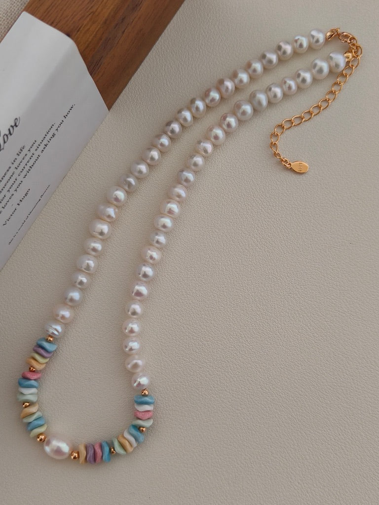 Rainbow Stone & Pearl Necklace