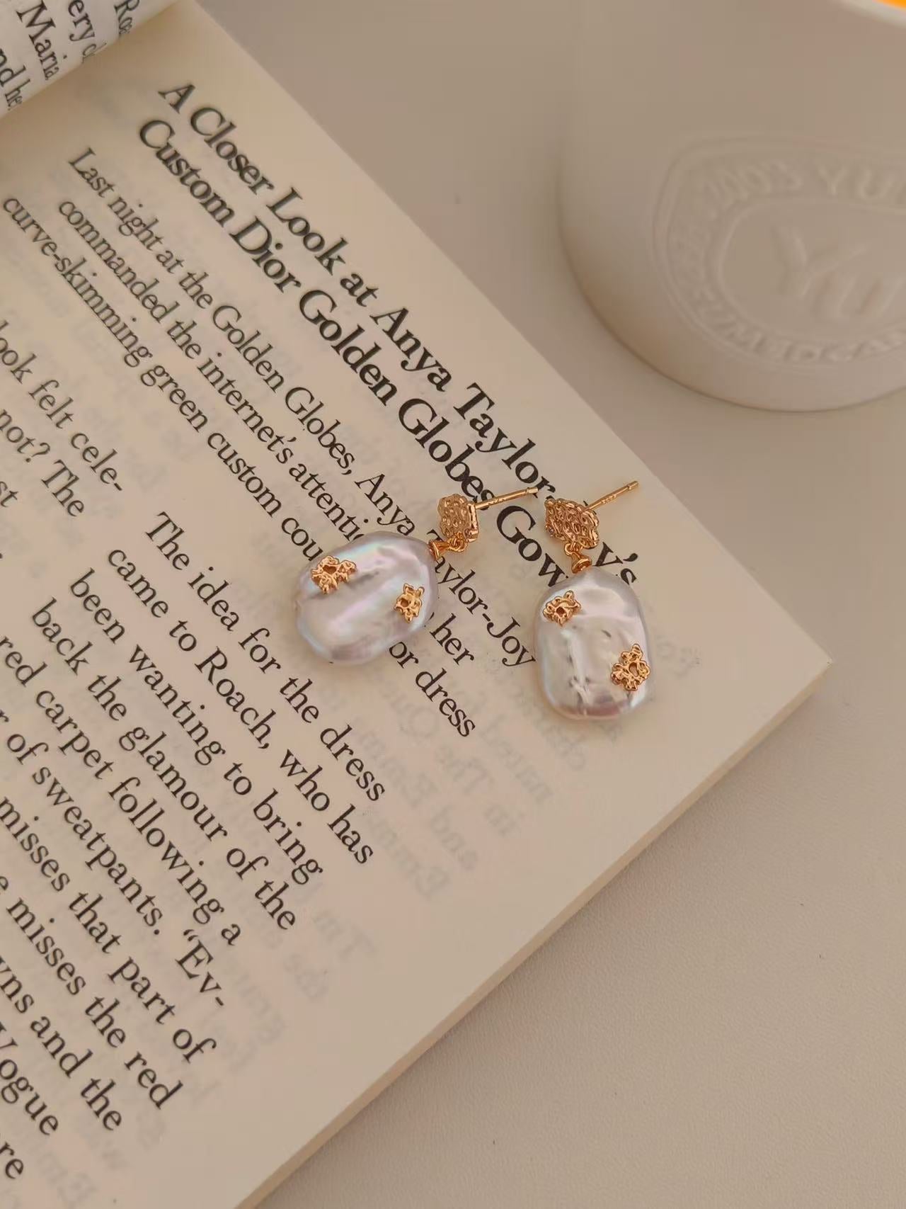 s925 silver gold pearl earrings