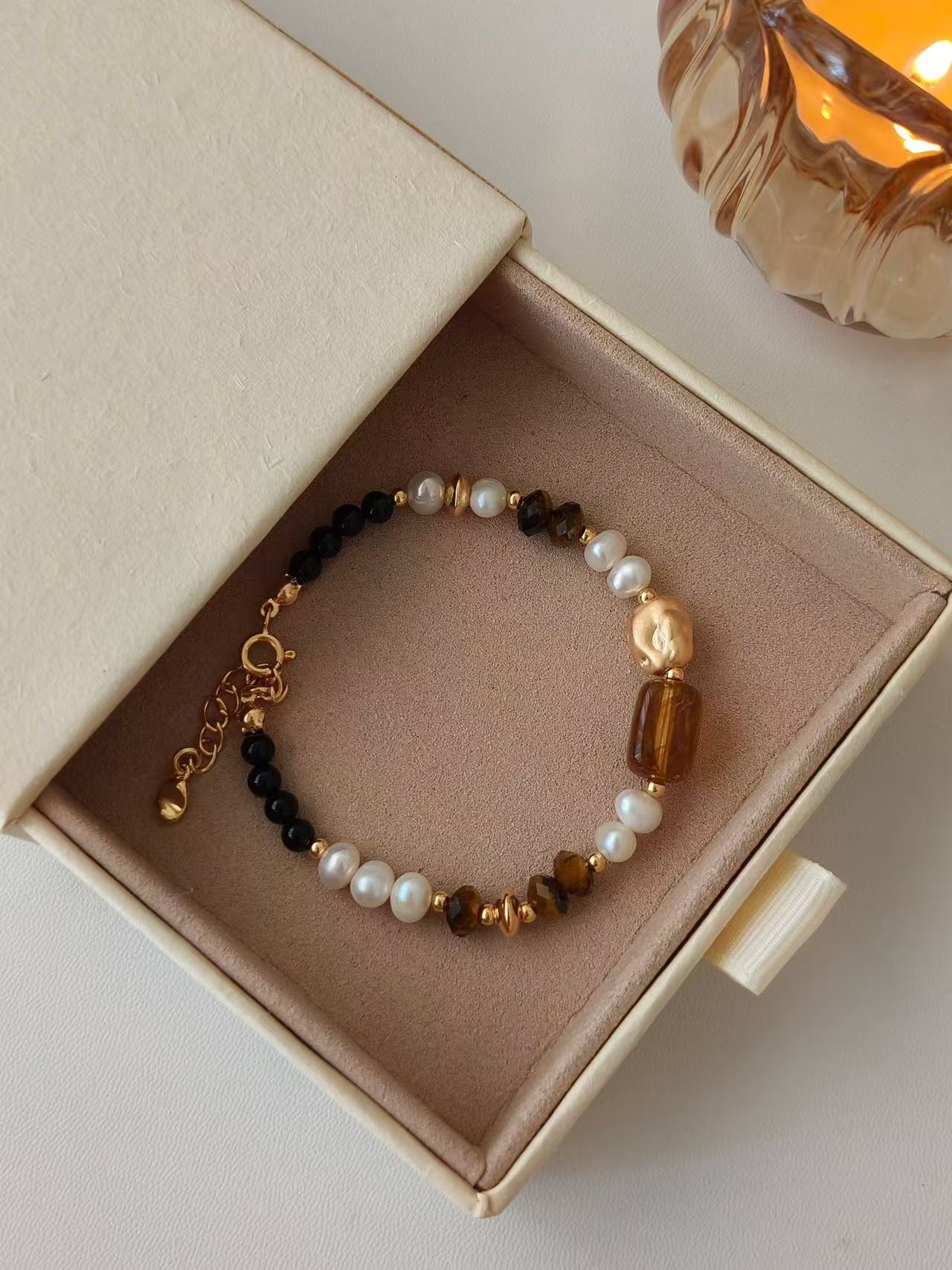 Tiger’s Eye & Pearl Bracelet – 18K Gold Vermeil on Sterling Silver | Natural Gemstone Jewelry