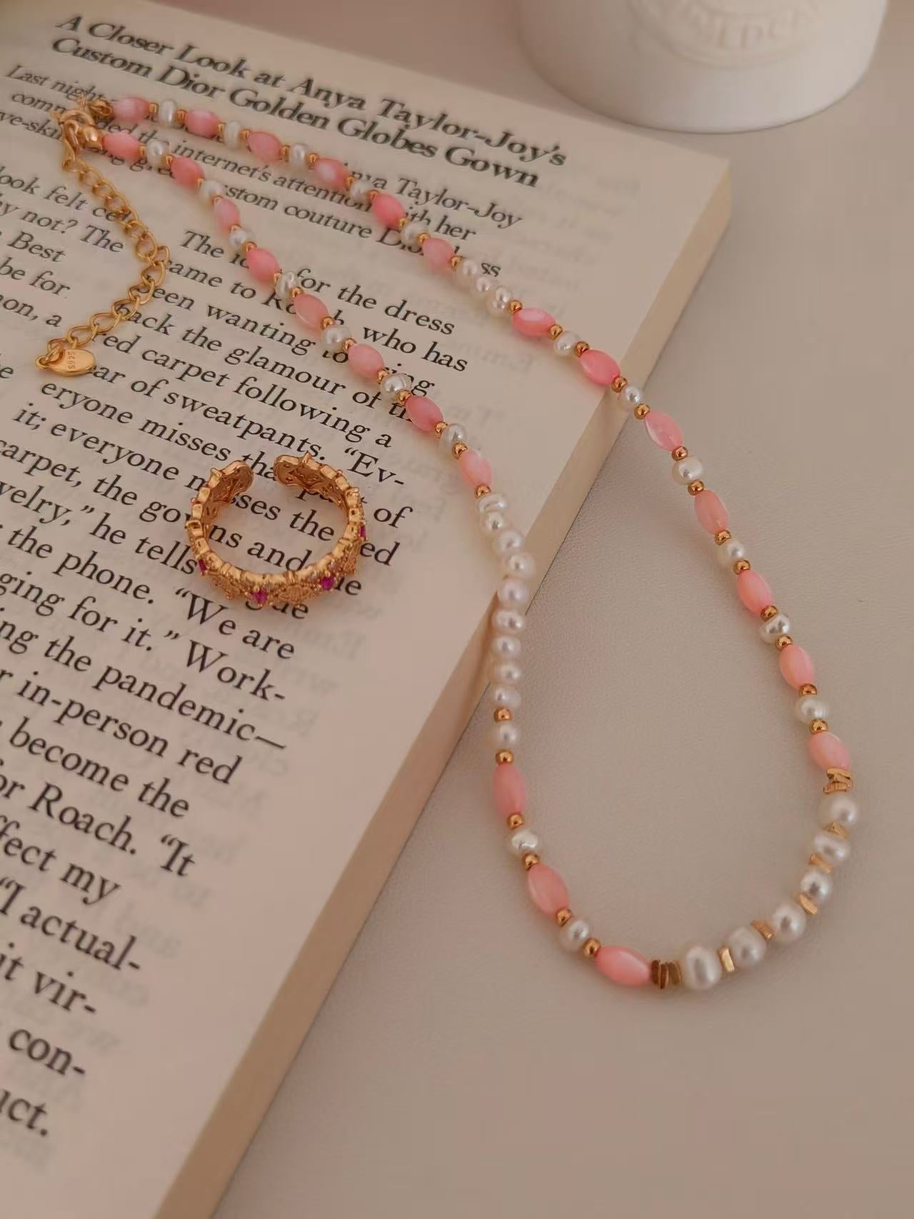 18K Gold-Plated S925 Pearl & Pink Bead Necklace | Natural Freshwater Pearls