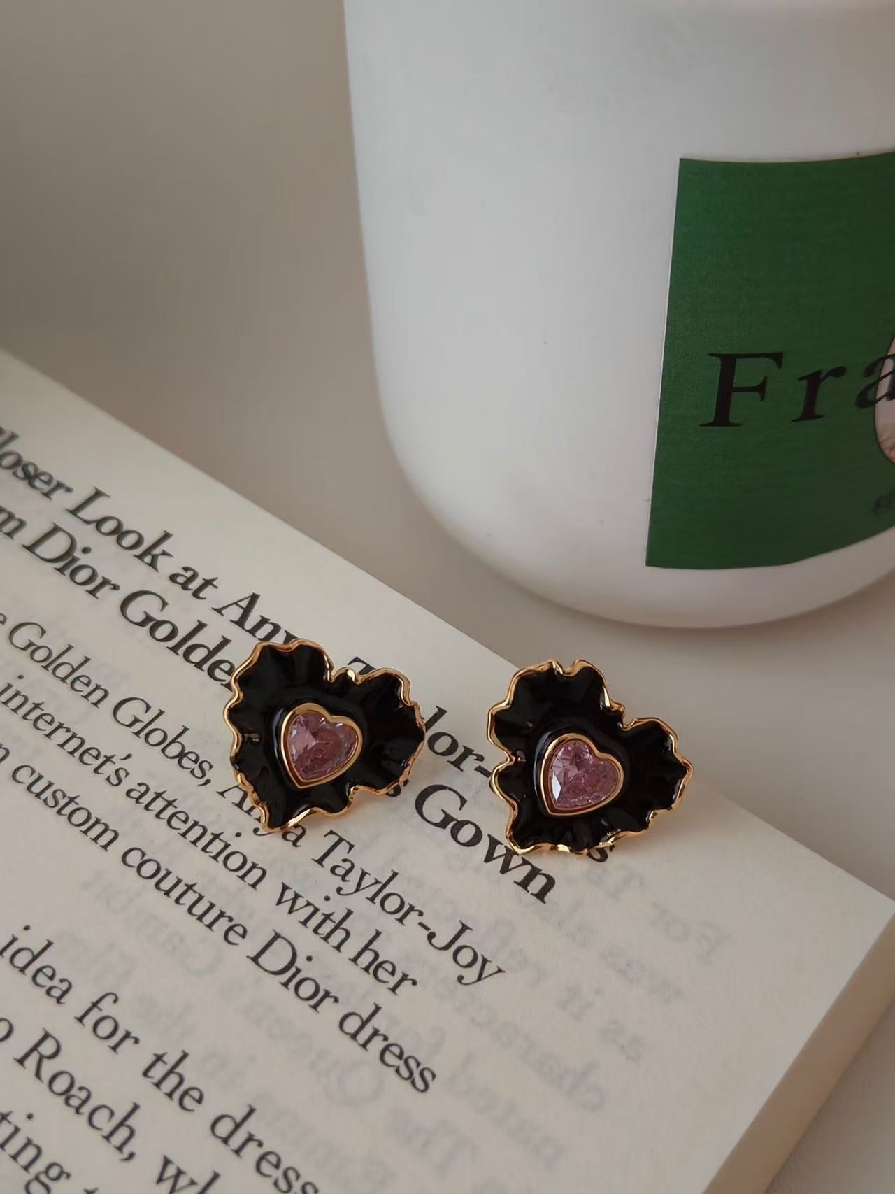 Black Enamel Ruffle Heart Pink Gem Drop Earrings