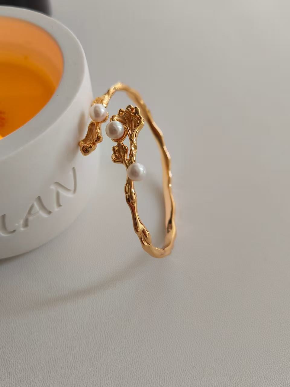 Floral Pearl Cuff Bracelet | 18K Gold Plated S925 Silver | Handmade Nature-Inspired Design