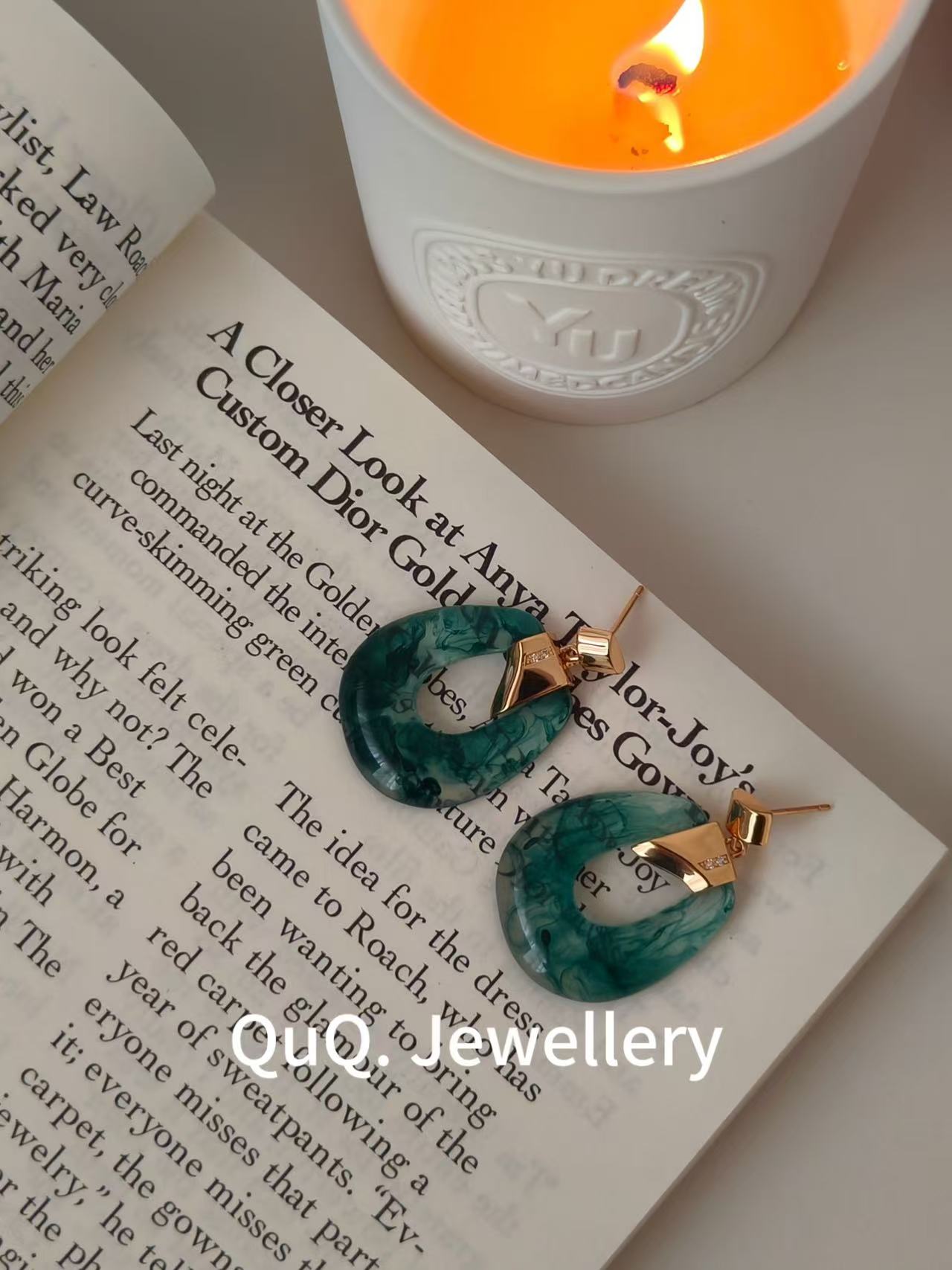 Green Marbled Resin & Pearl Drop Earrings | 18K Gold Plated S925 Hooks