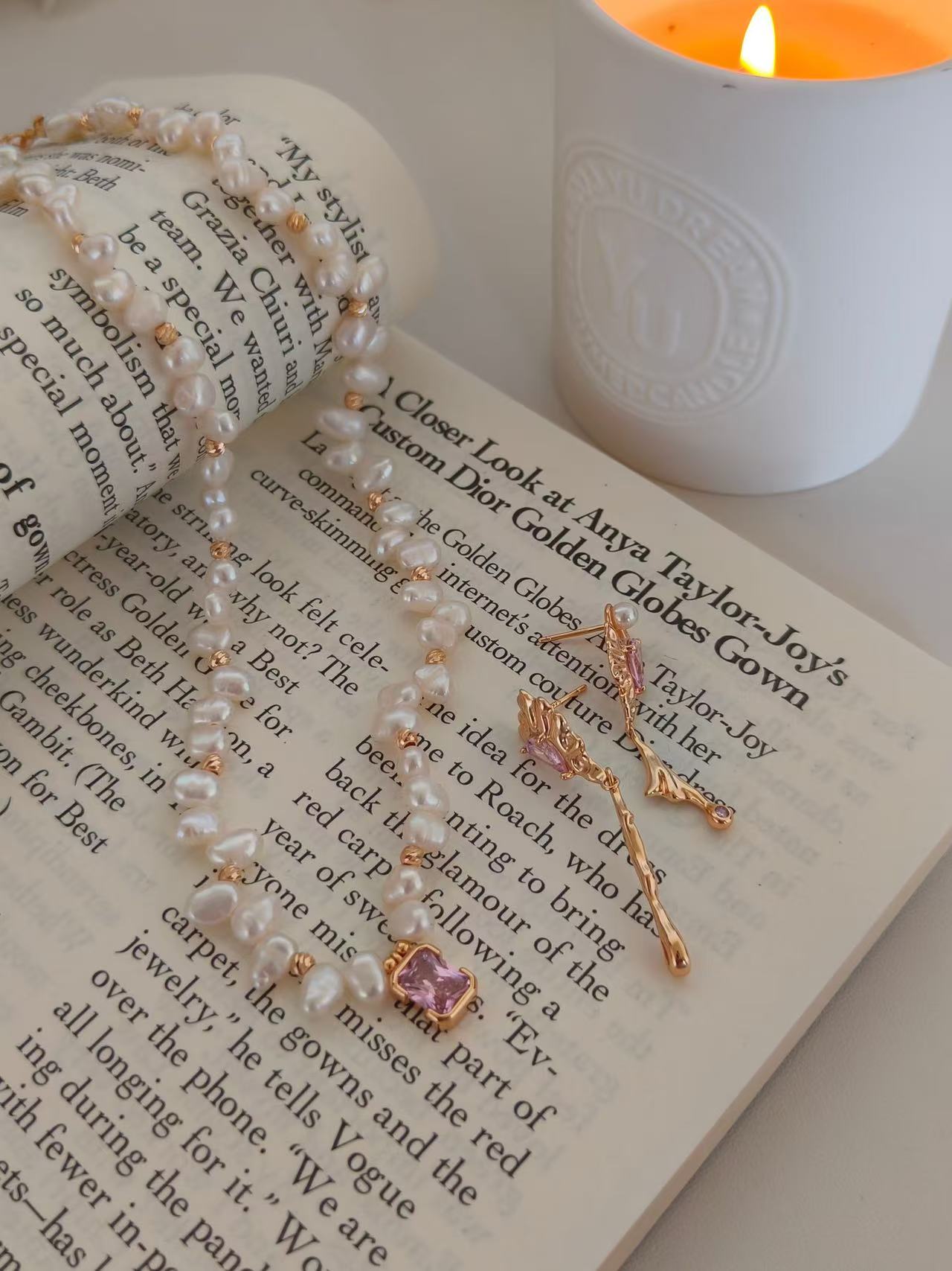 Pink Gem & Baroque Pearl Necklace