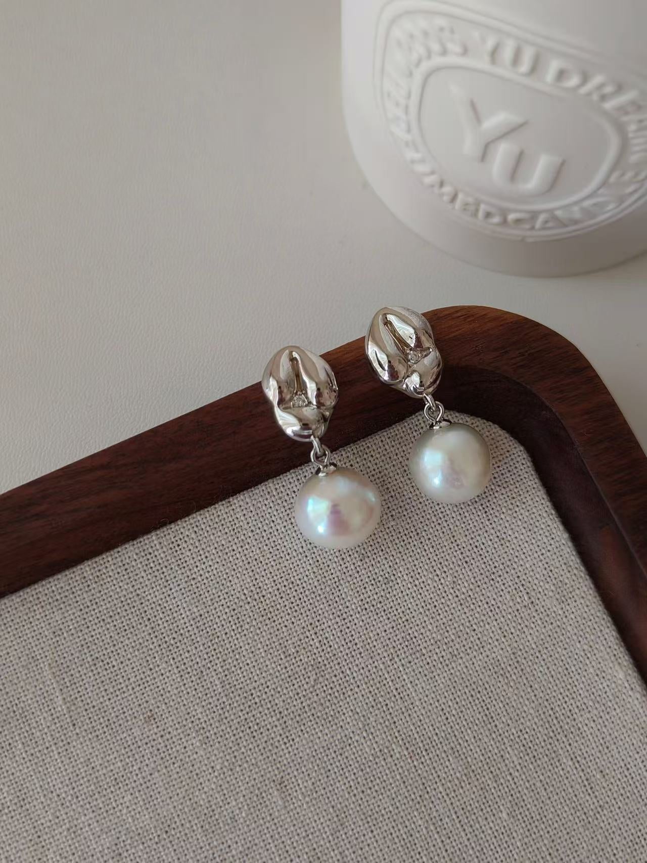 White Gold Sculptural Pearl Drop Earrings