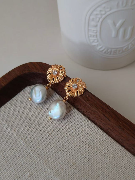 18K Gold Vermeil Freshwater Pearl Floral Drop Earrings