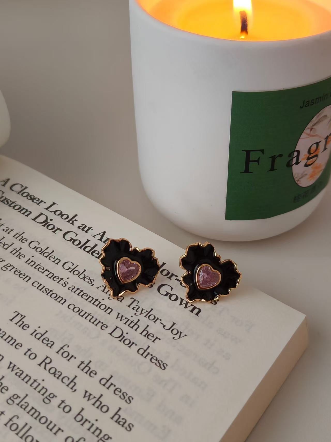 Black Enamel Ruffle Heart Pink Gem Drop Earrings