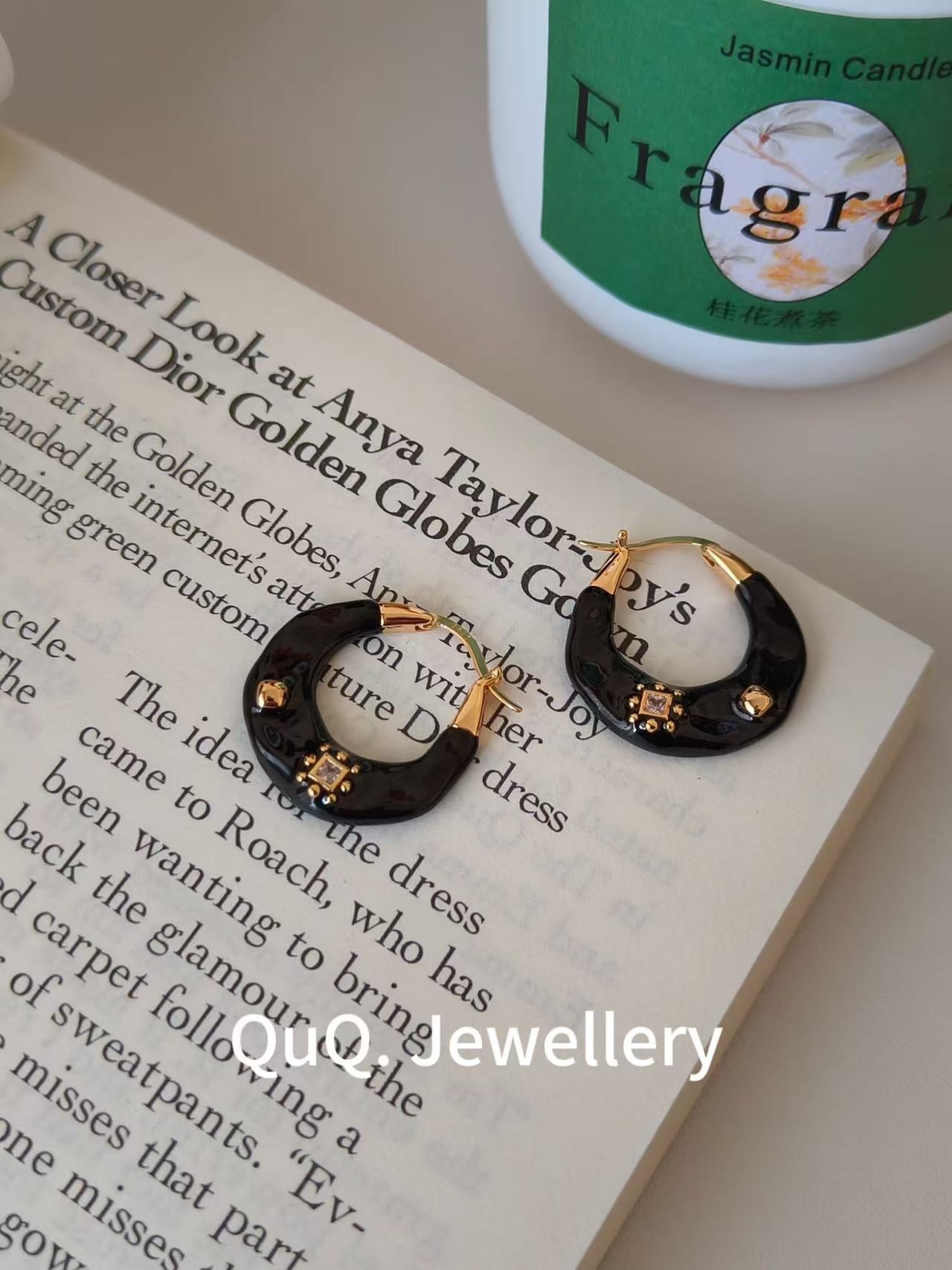 Retro Enamel Gold Hoop Earrings | 18K Gold Plated S925 with Black Glaze & Zircon