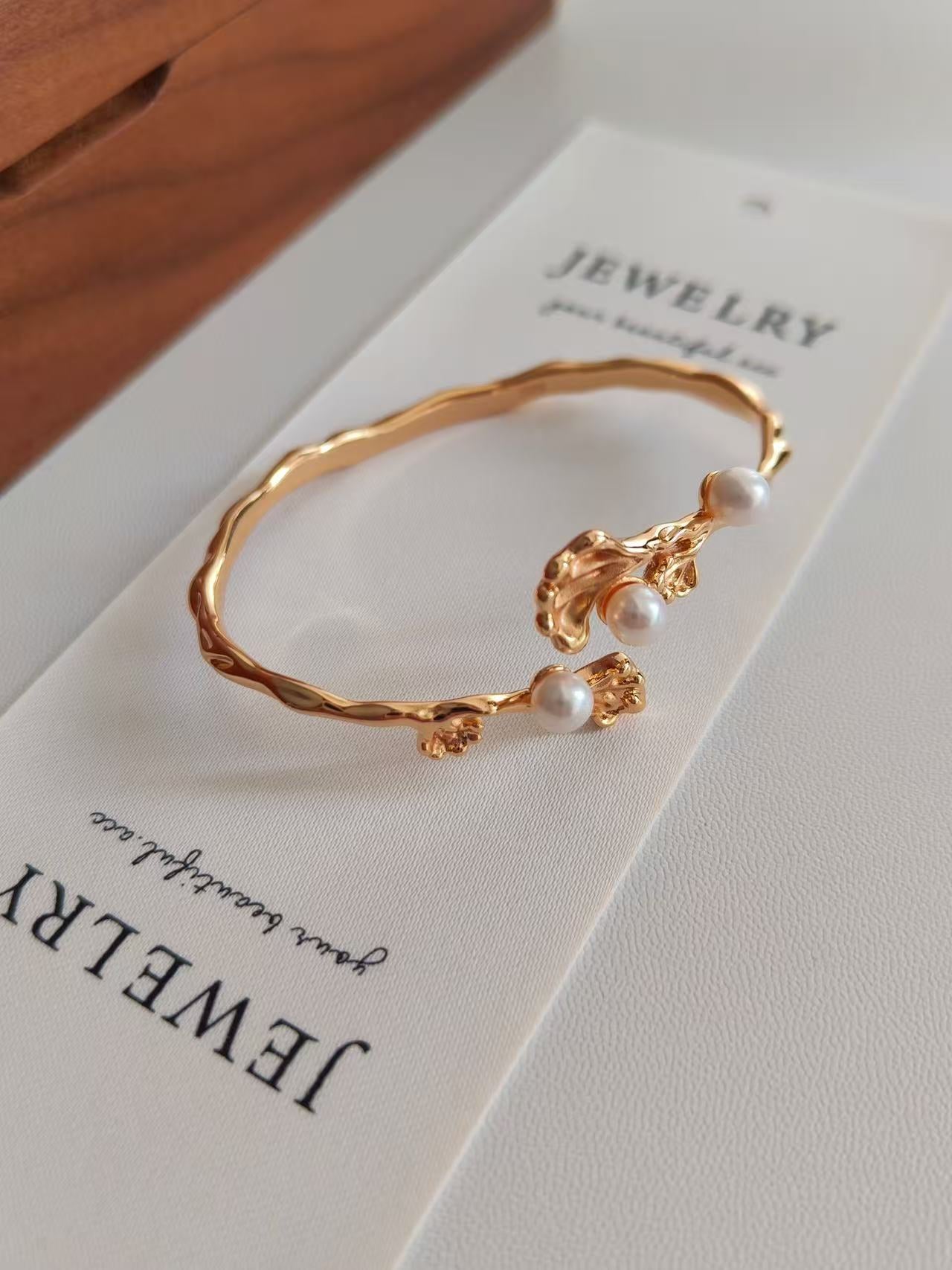 Floral Pearl Cuff Bracelet | 18K Gold Plated S925 Silver | Handmade Nature-Inspired Design