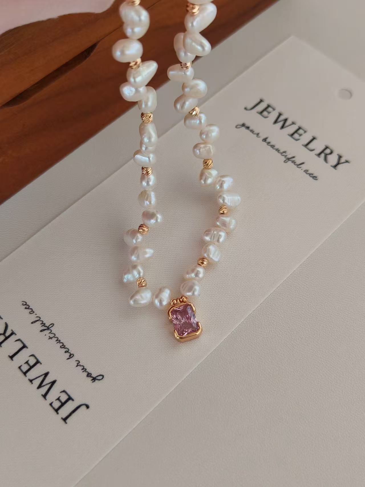 Pink Gem & Baroque Pearl Necklace