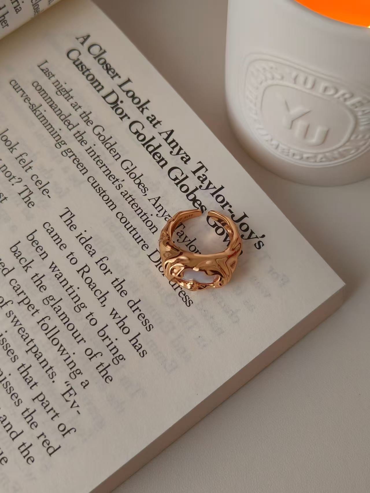 gold molten metal mother of pearl ring