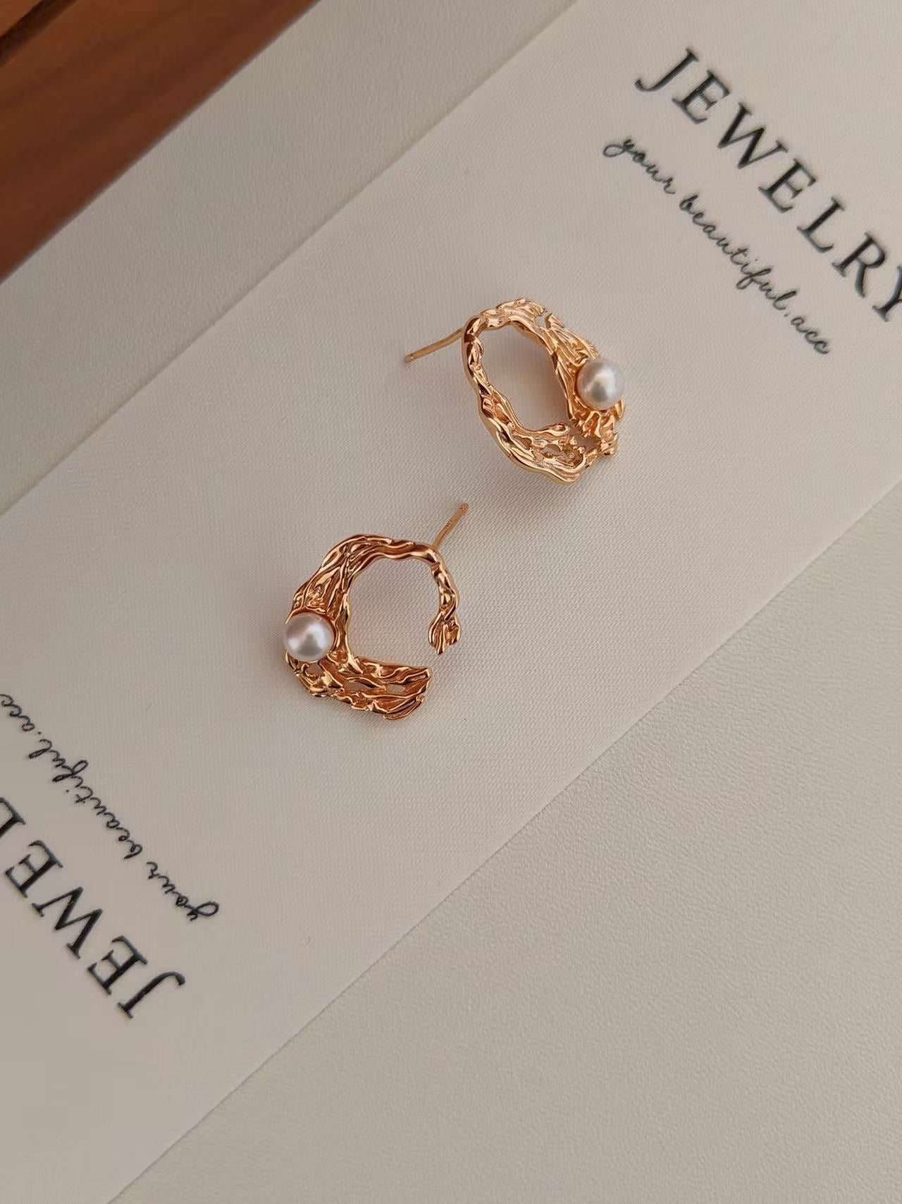 Sculpted Gold Pearl Hoop Earrings