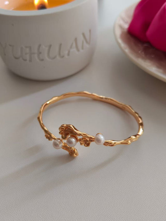 Floral Pearl Cuff Bracelet | 18K Gold Plated S925 Silver | Handmade Nature-Inspired Design
