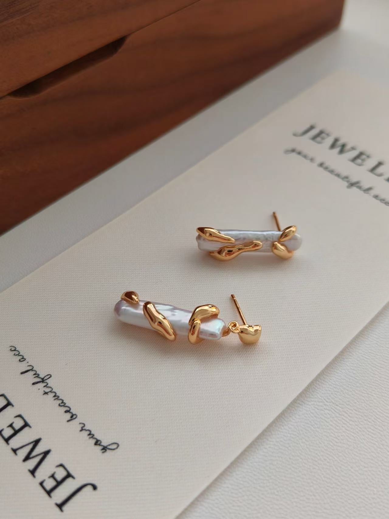 Sculptural Pearl Drop Earrings | 18K Gold Plated S925 Silver | Organic Minimalist Design