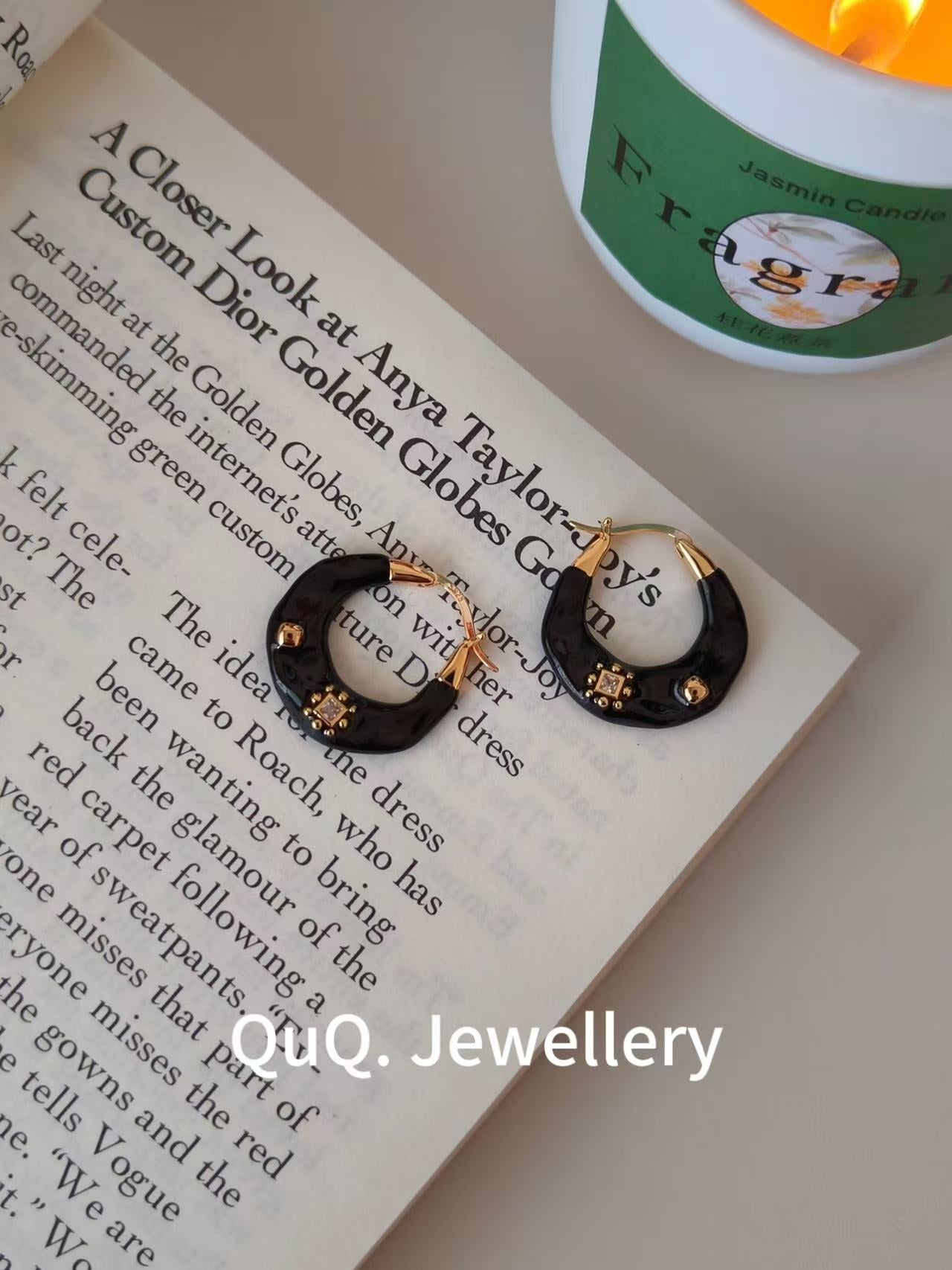 Retro Enamel Gold Hoop Earrings | 18K Gold Plated S925 with Black Glaze & Zircon