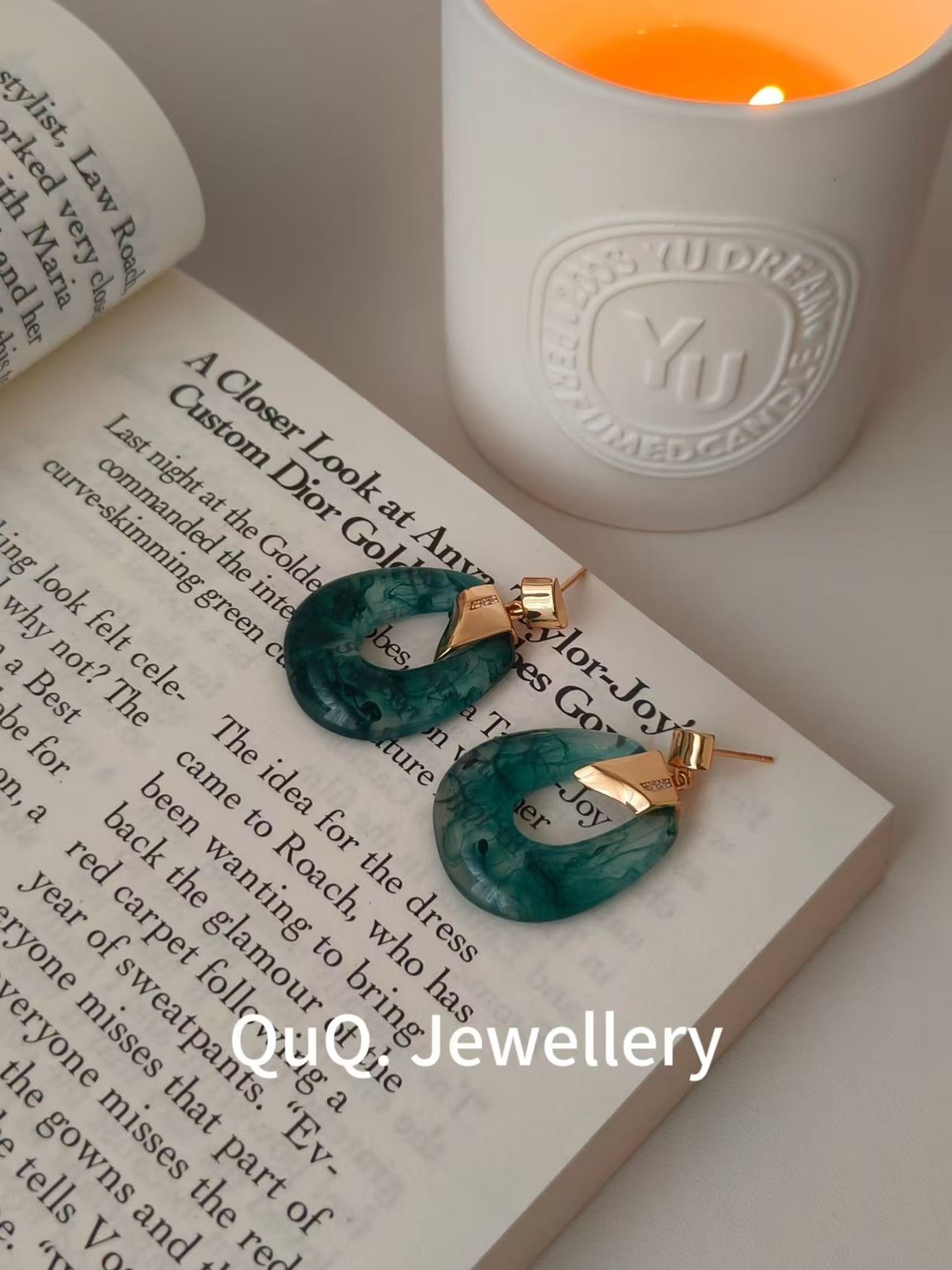 Green Marbled Resin & Pearl Drop Earrings | 18K Gold Plated S925 Hooks