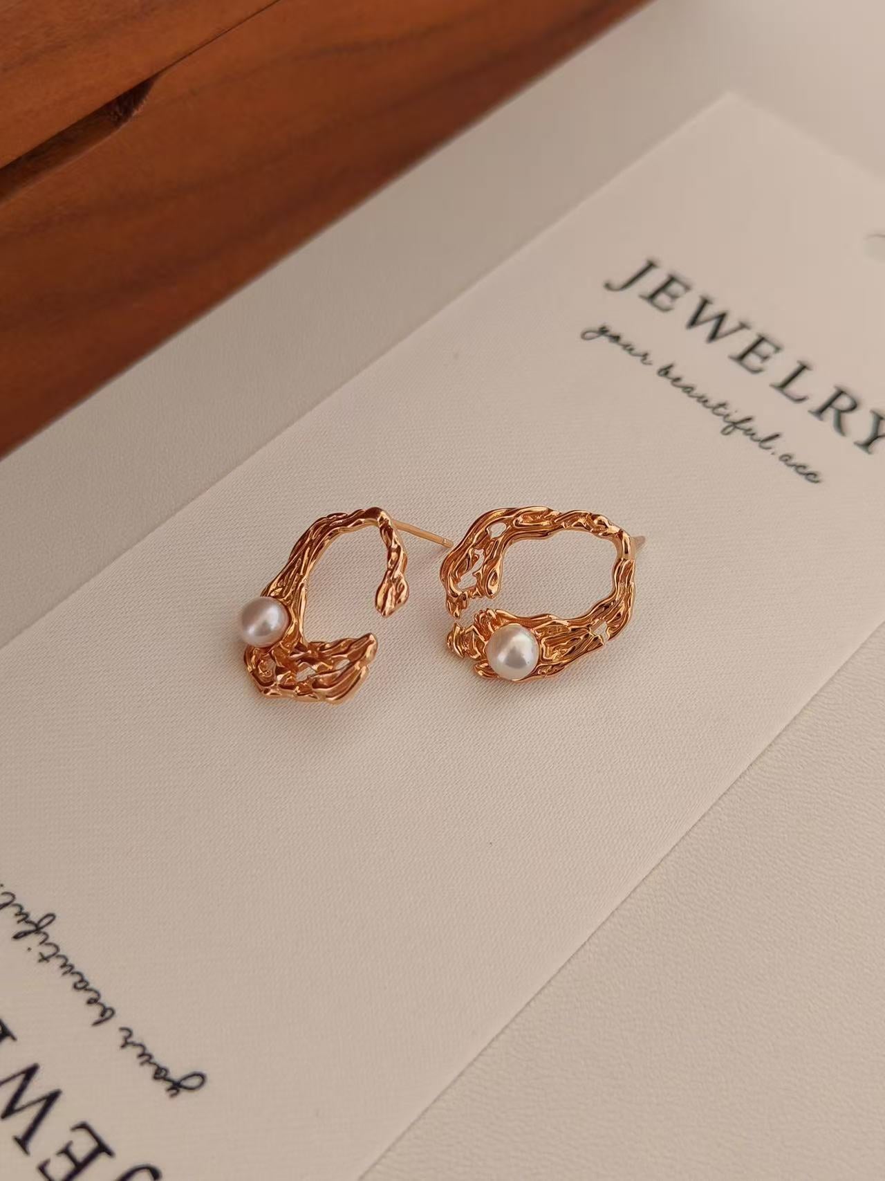 Sculpted Gold Pearl Hoop Earrings