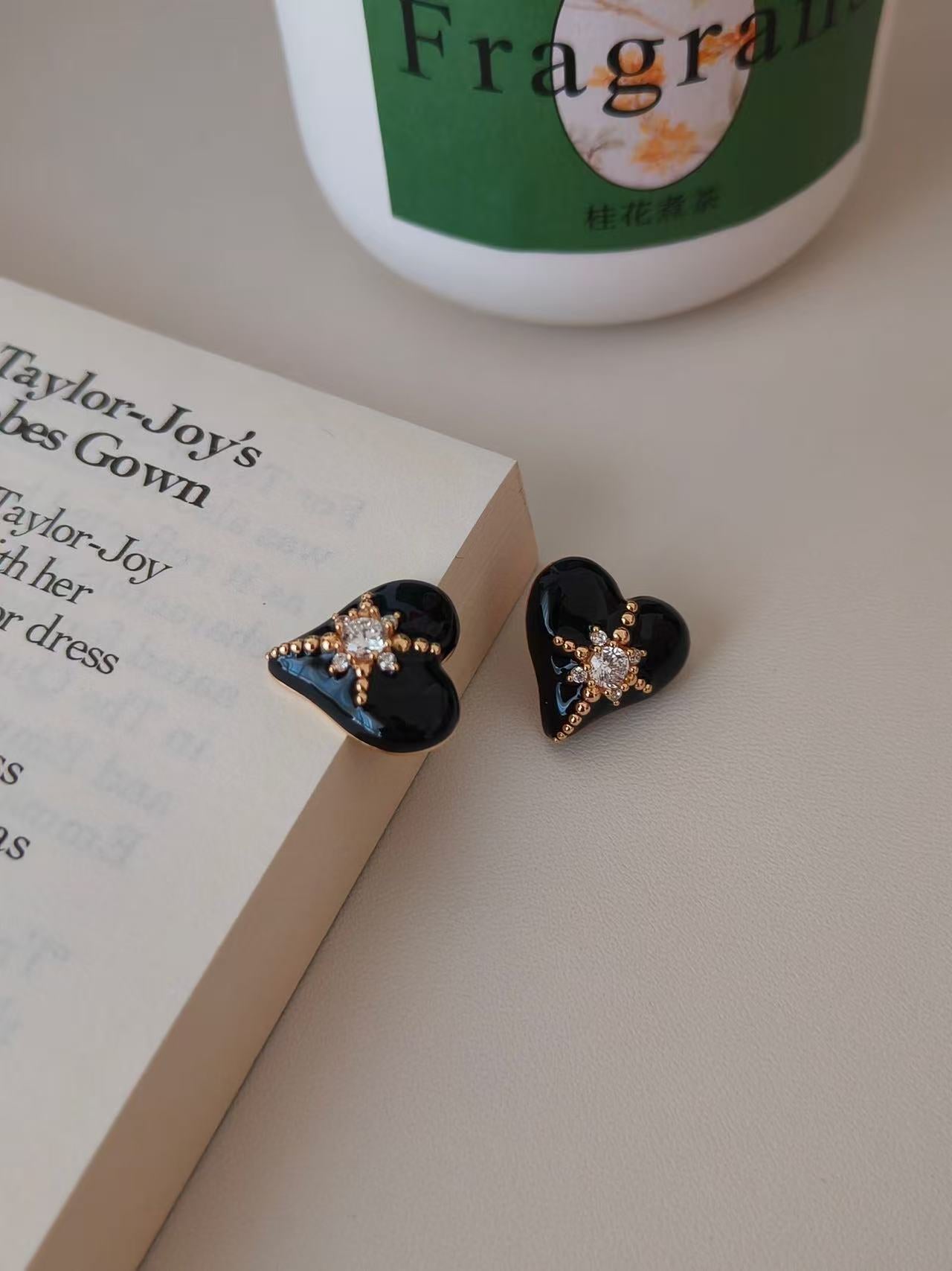 Black Enamel Heart Star Stud Earrings