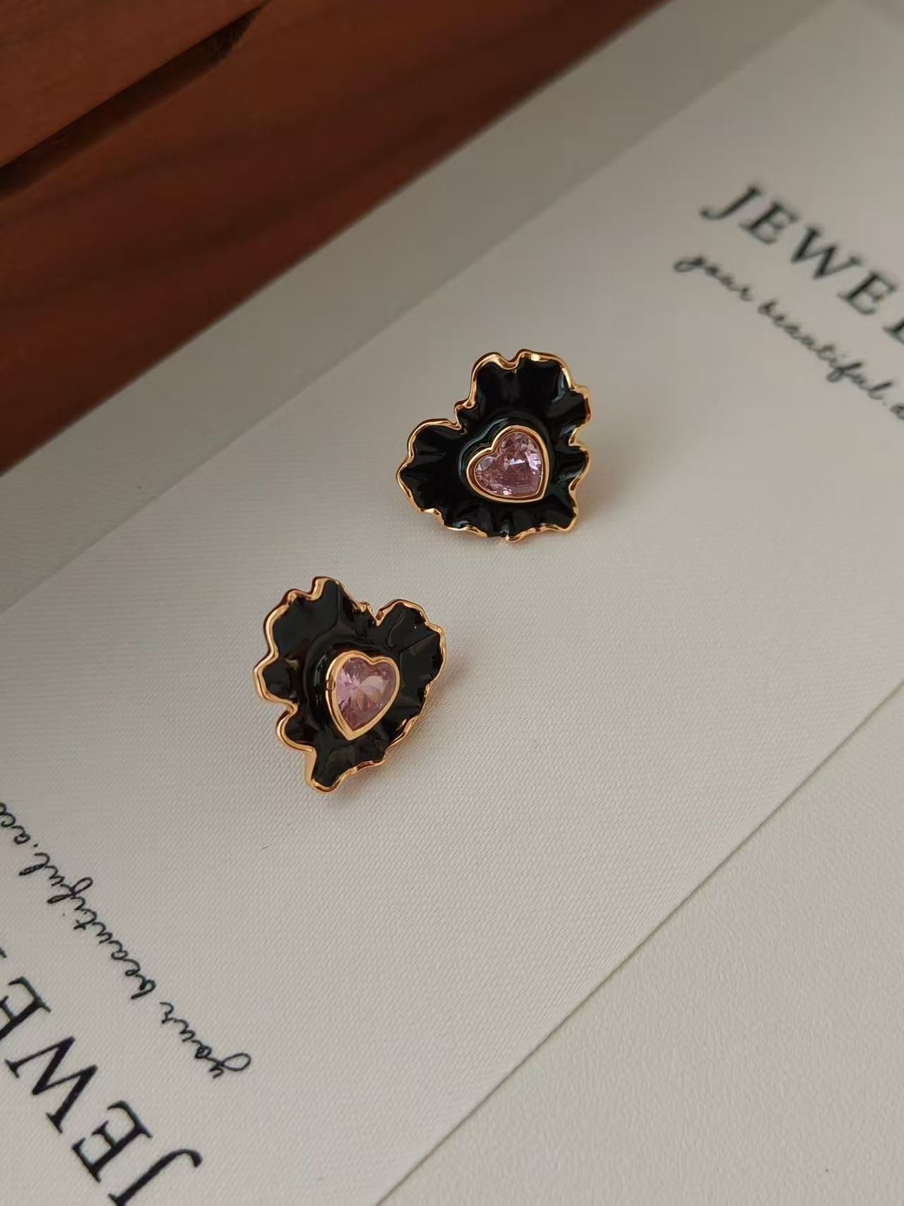 Black Enamel Ruffle Heart Pink Gem Drop Earrings