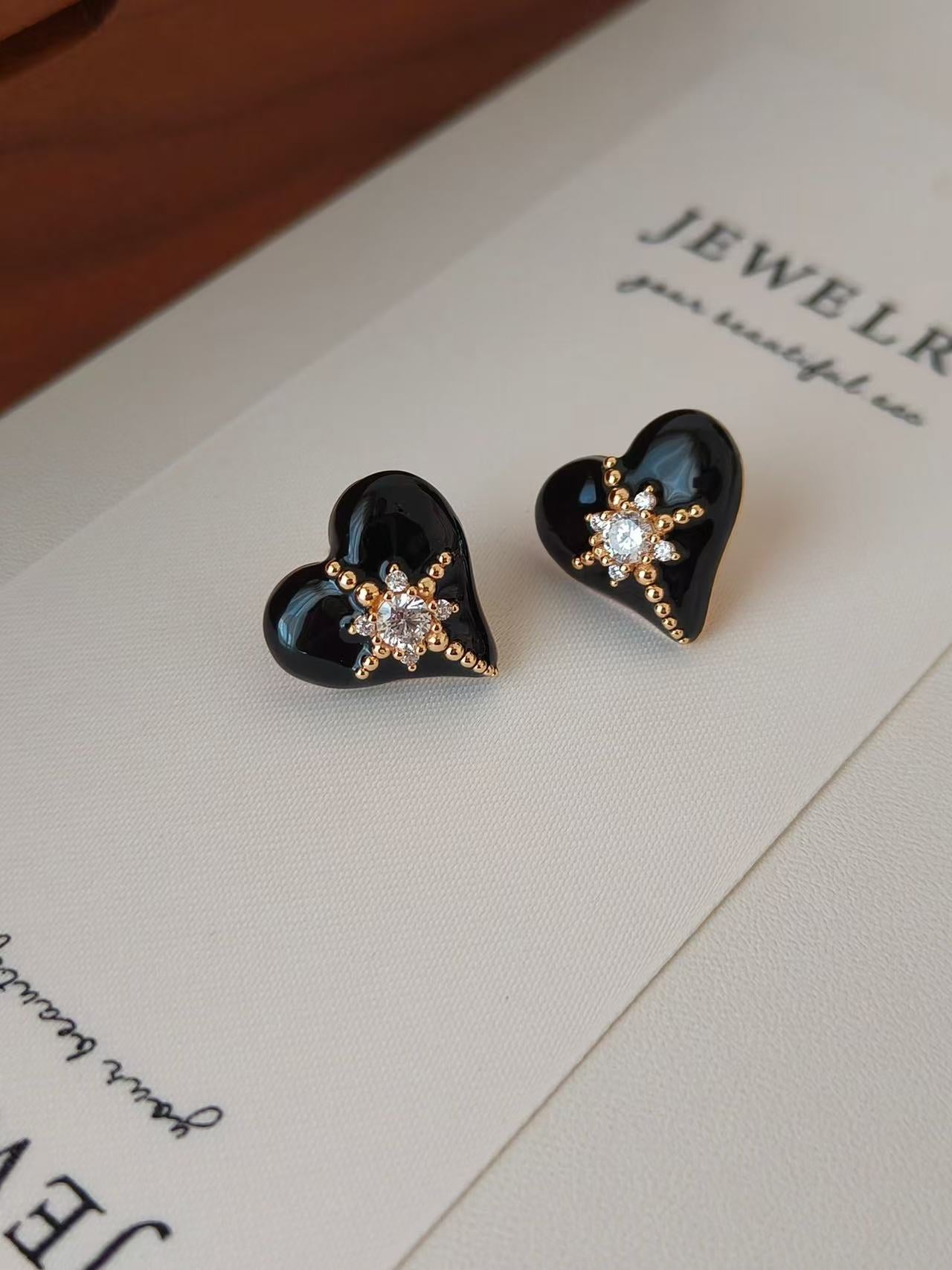 Black Enamel Heart Star Stud Earrings