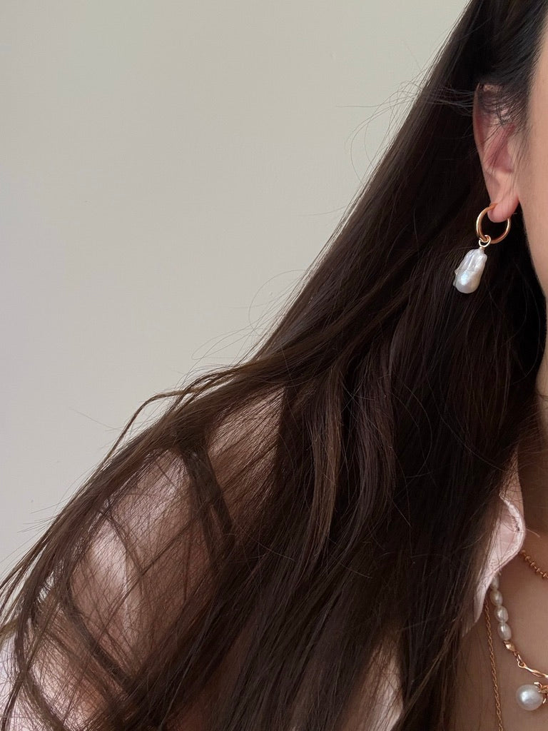Baroque Pearl Hoop Drop Earrings