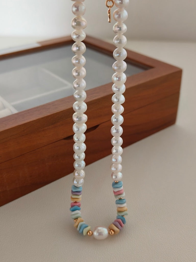 Rainbow Stone & Pearl Necklace