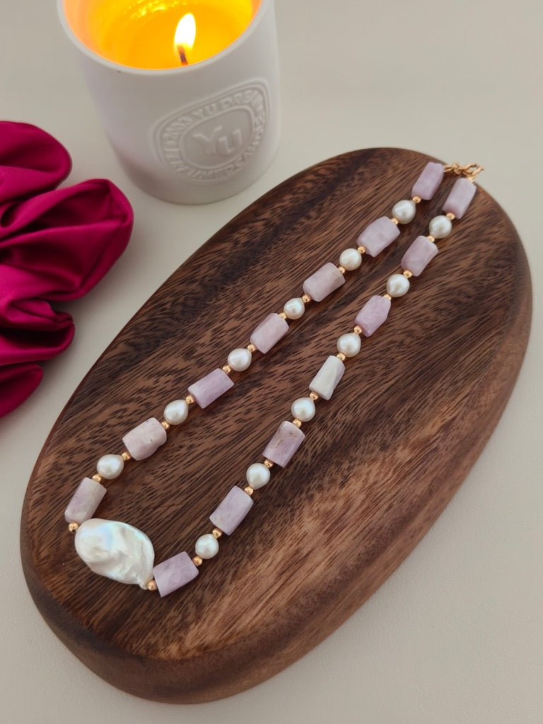 Kunzite & Baroque Pearl Necklace