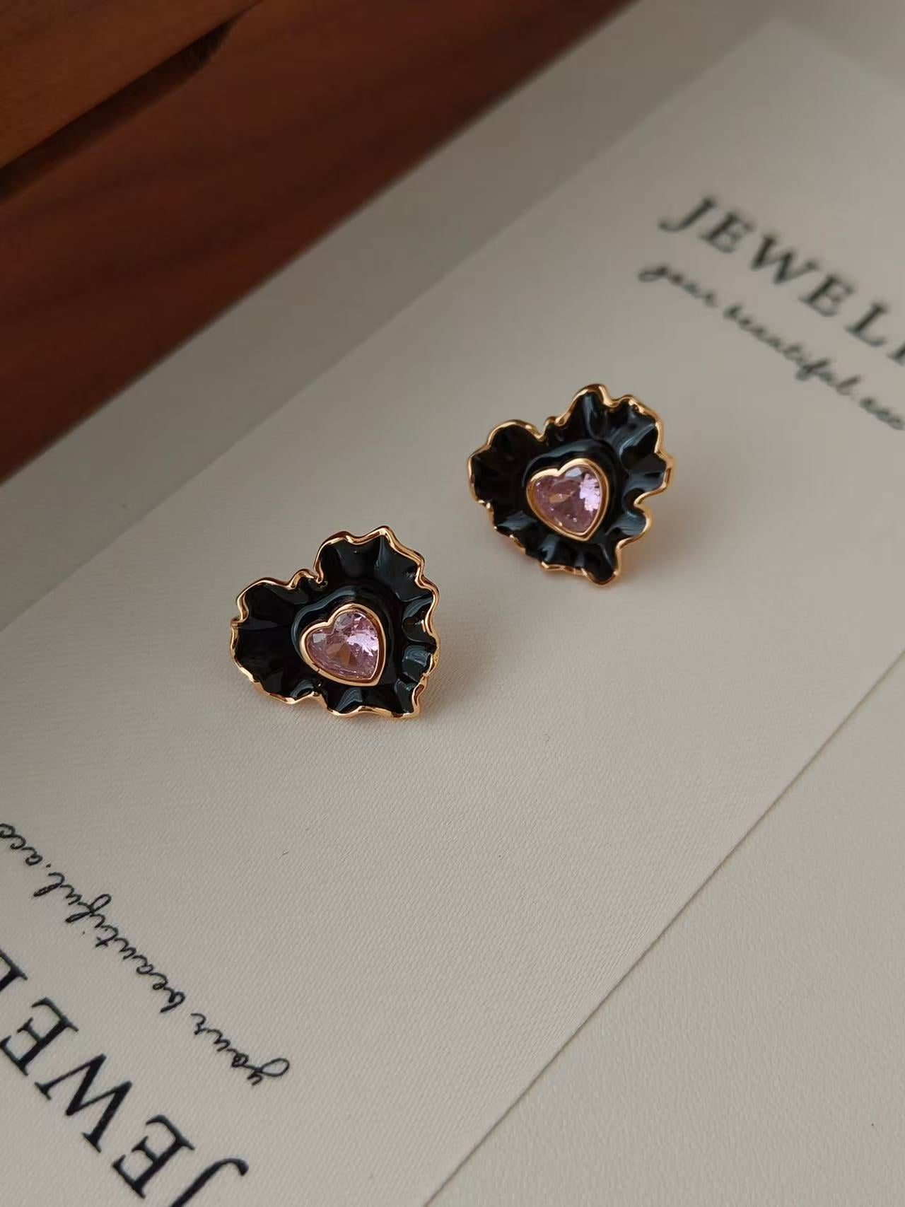 Black Enamel Ruffle Heart Pink Gem Drop Earrings