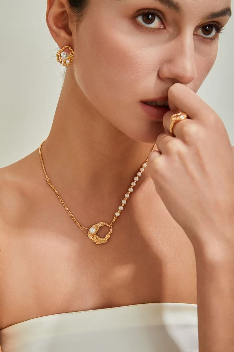Sculpted Gold Pearl Hoop Earrings