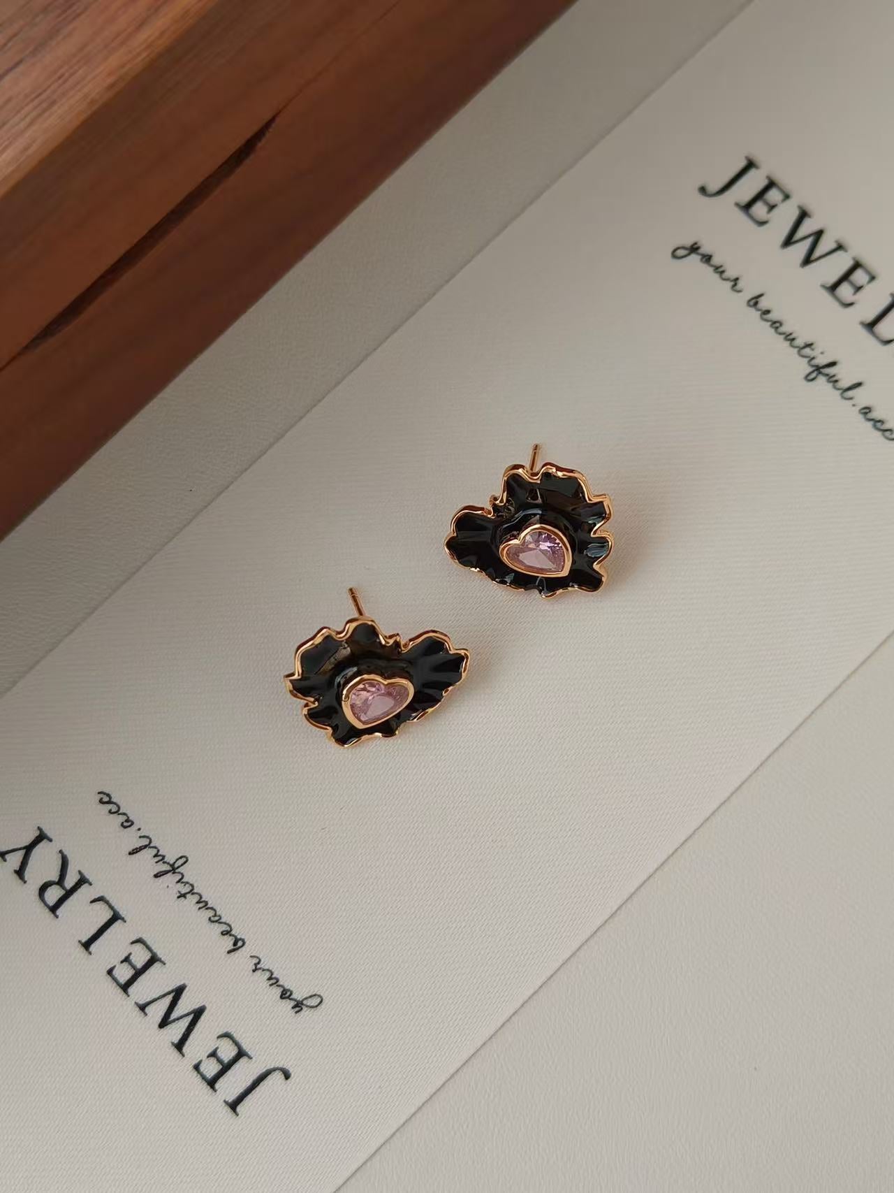 Black Enamel Ruffle Heart Pink Gem Drop Earrings