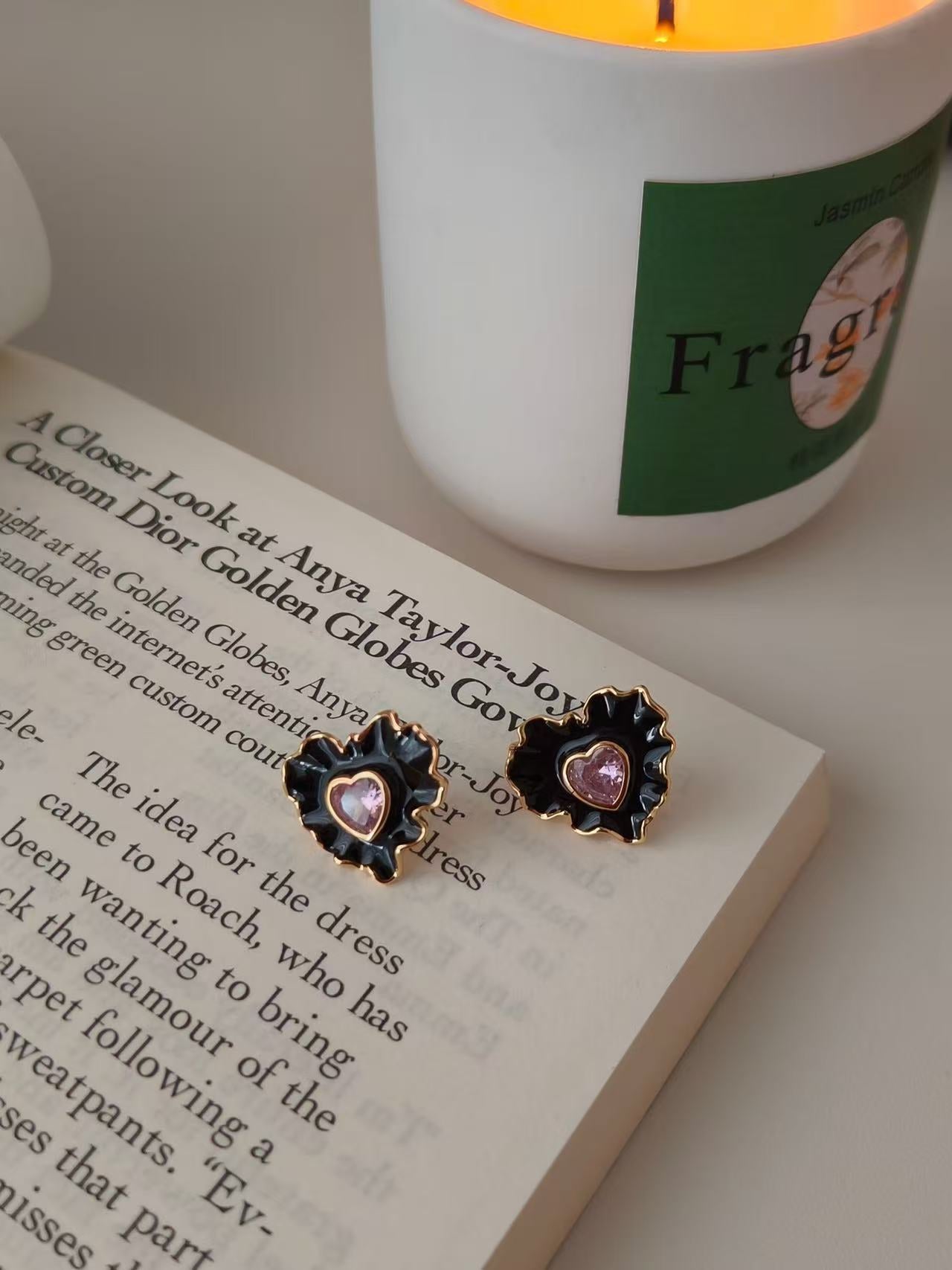 Black Enamel Ruffle Heart Pink Gem Drop Earrings