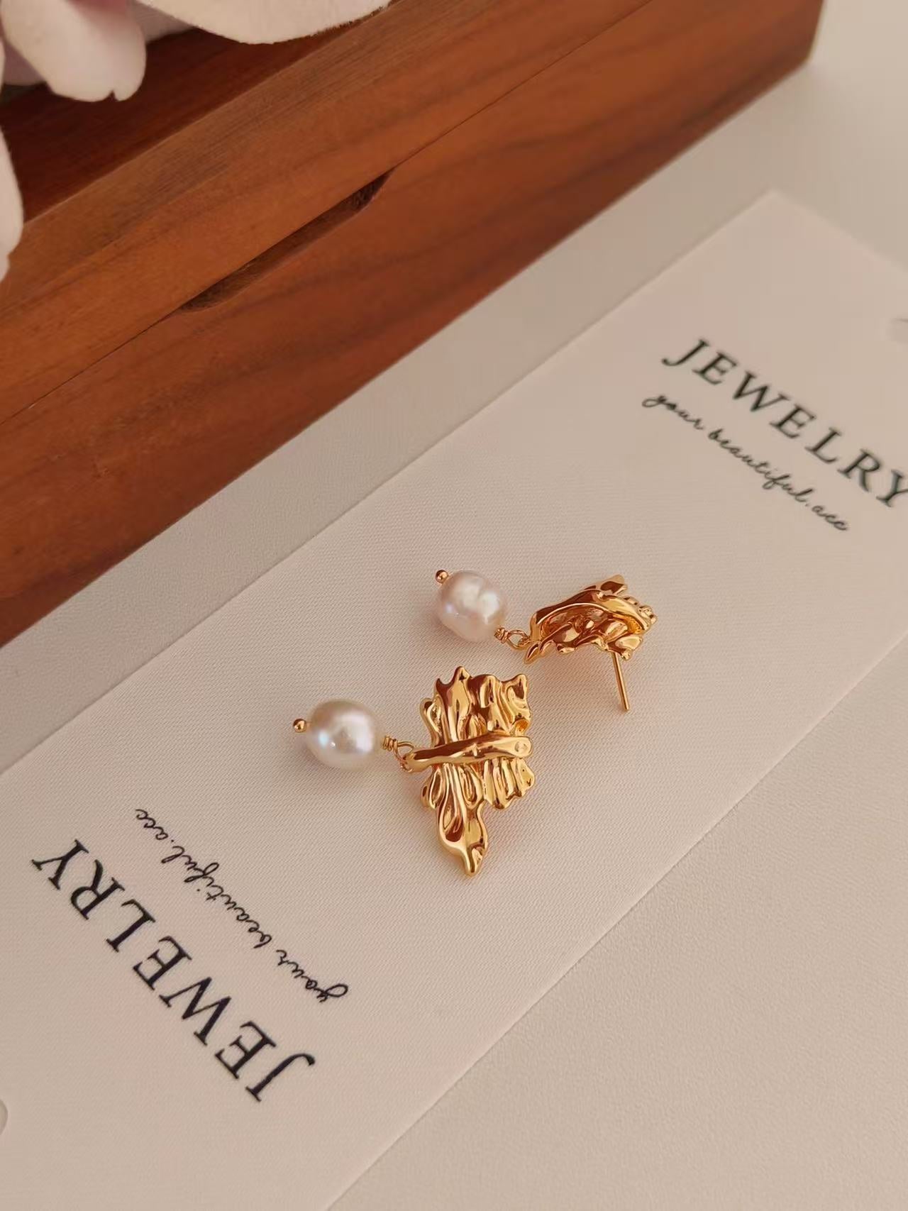 18k gold plated leaf pearl drop earrings