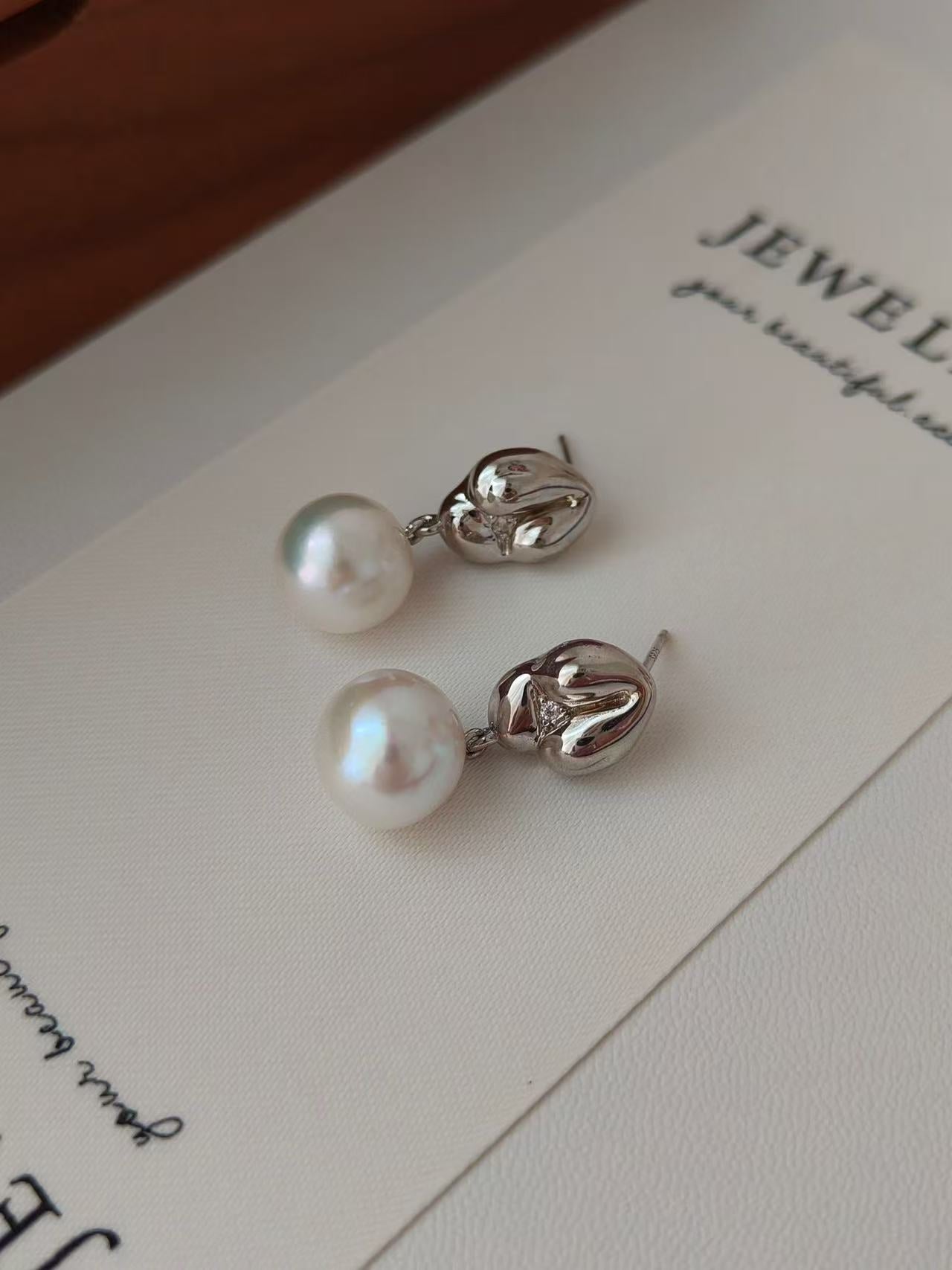 White Gold Sculptural Pearl Drop Earrings