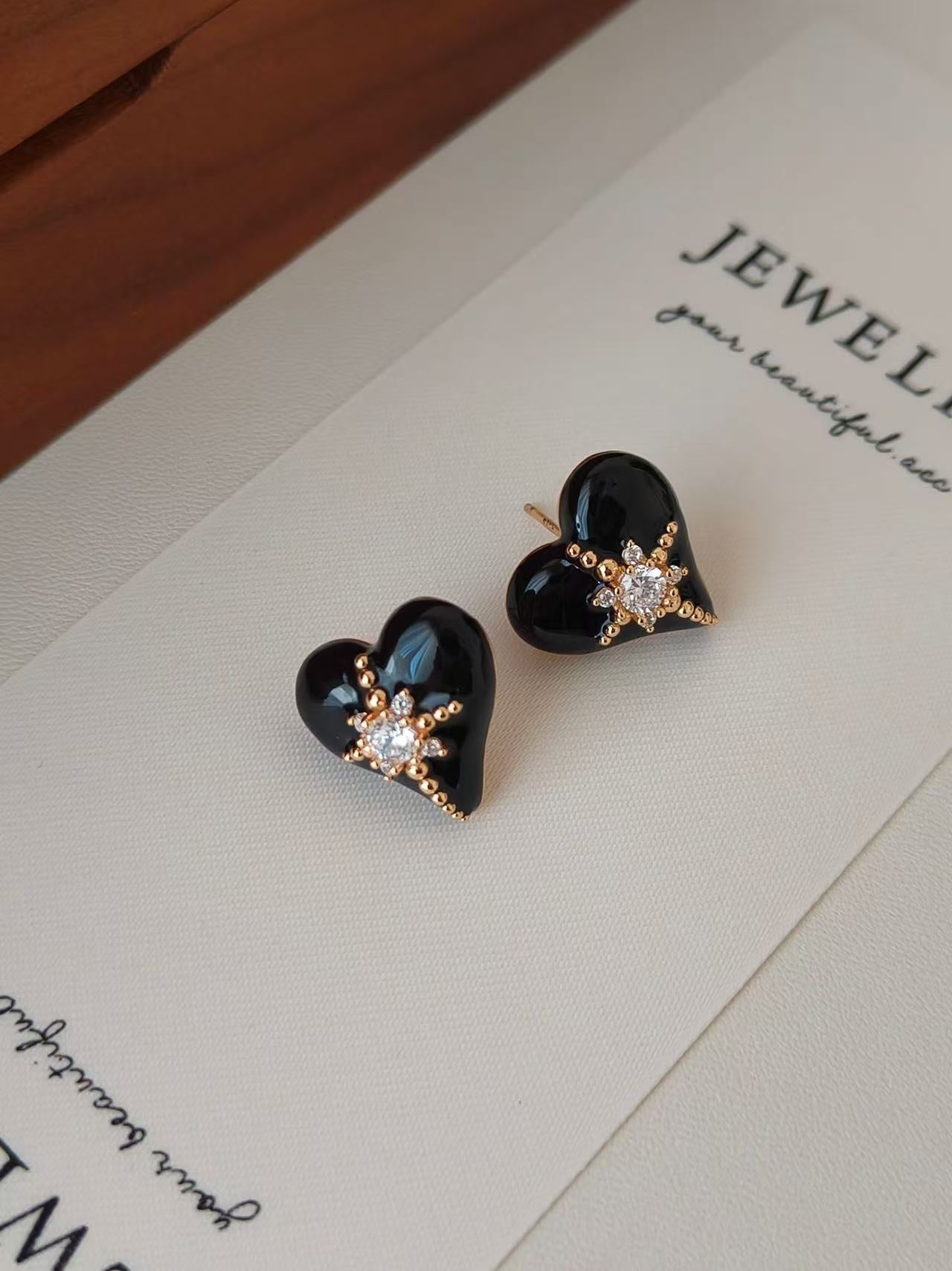 Black Enamel Heart Star Stud Earrings